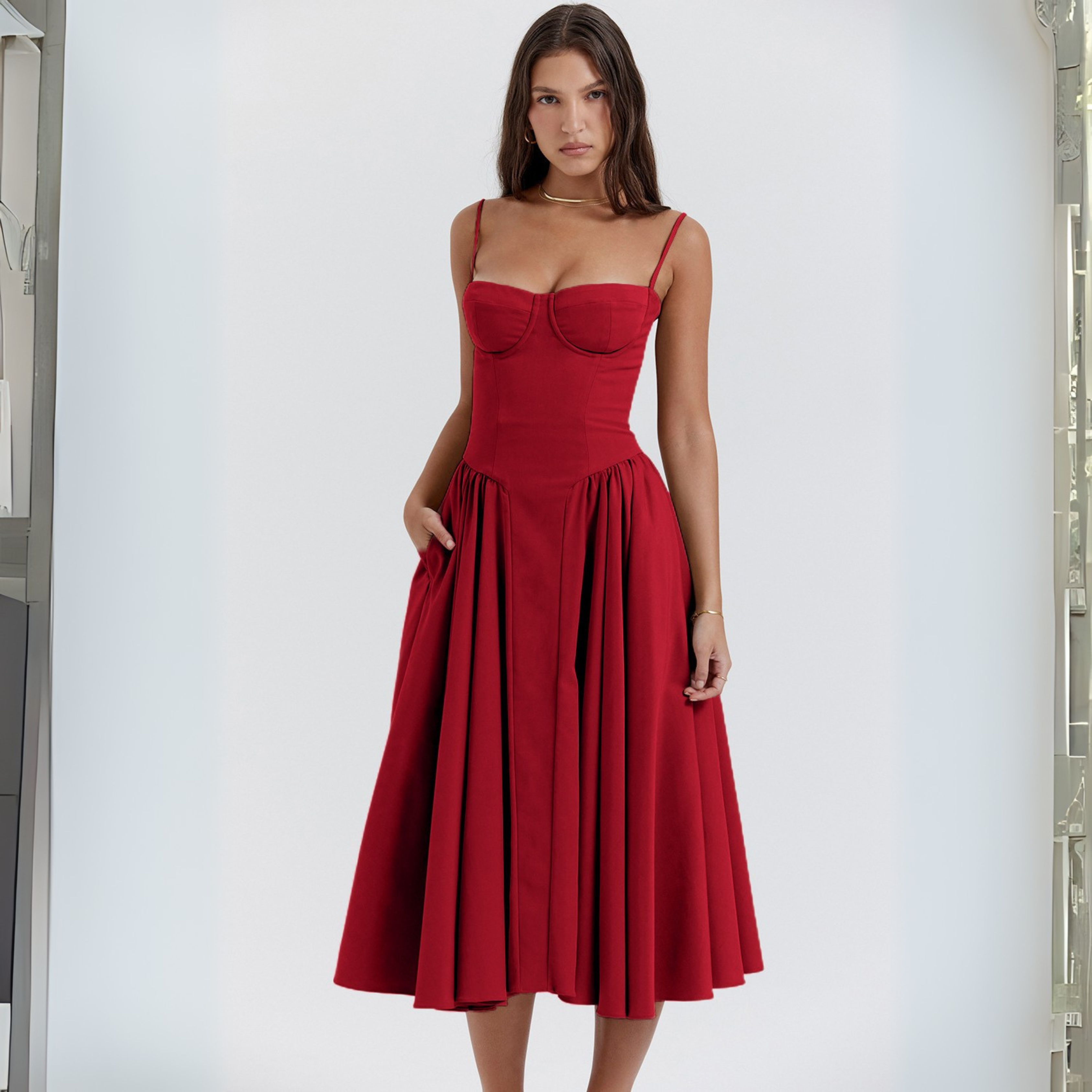 TRENTA™ - Sleek Spaghetti-Strap Bodycon Midi Dress for a Chic, Figure-Hugging Look