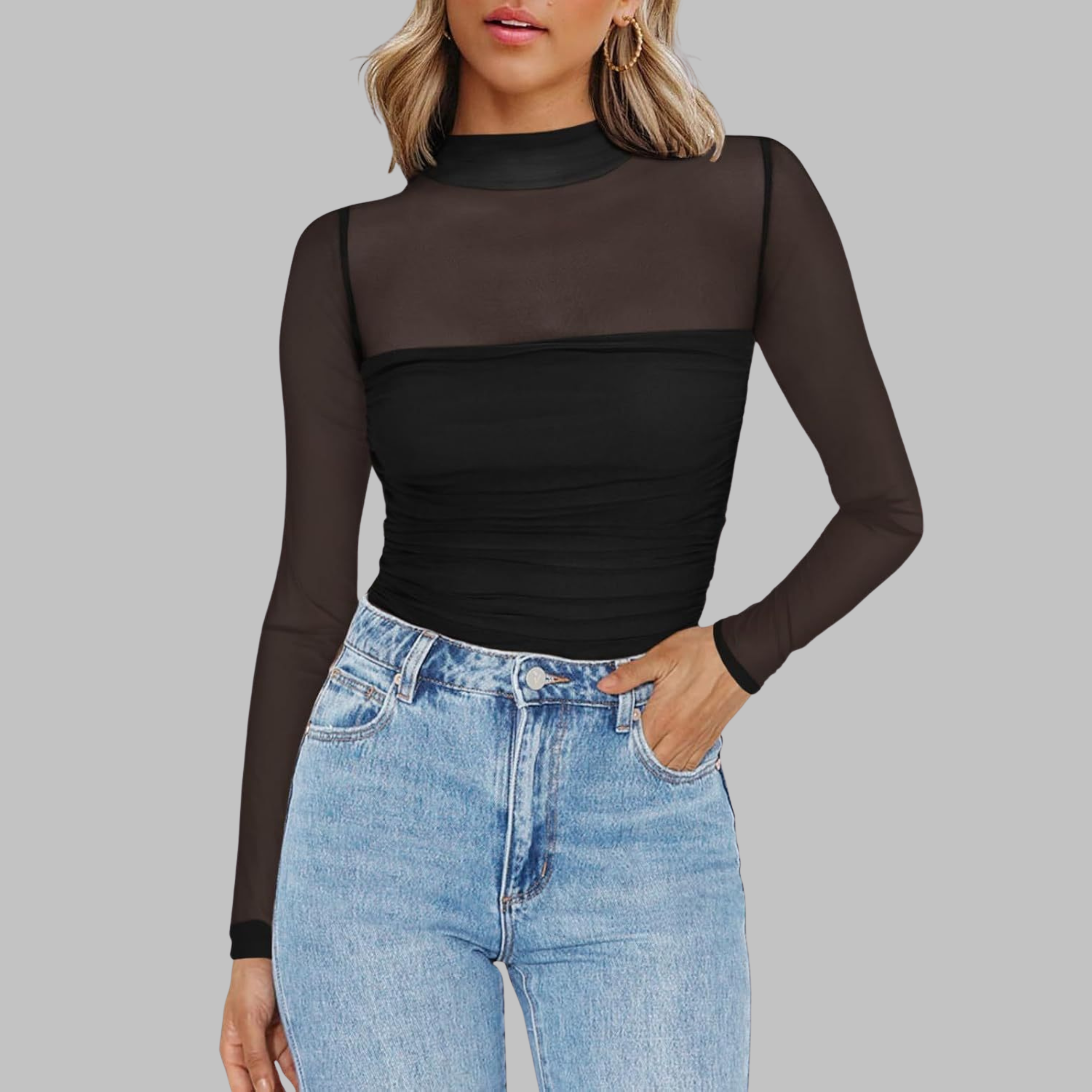 VEGA™ Chic Sheer Mesh Long Sleeve Top – Transparent, Modern Style