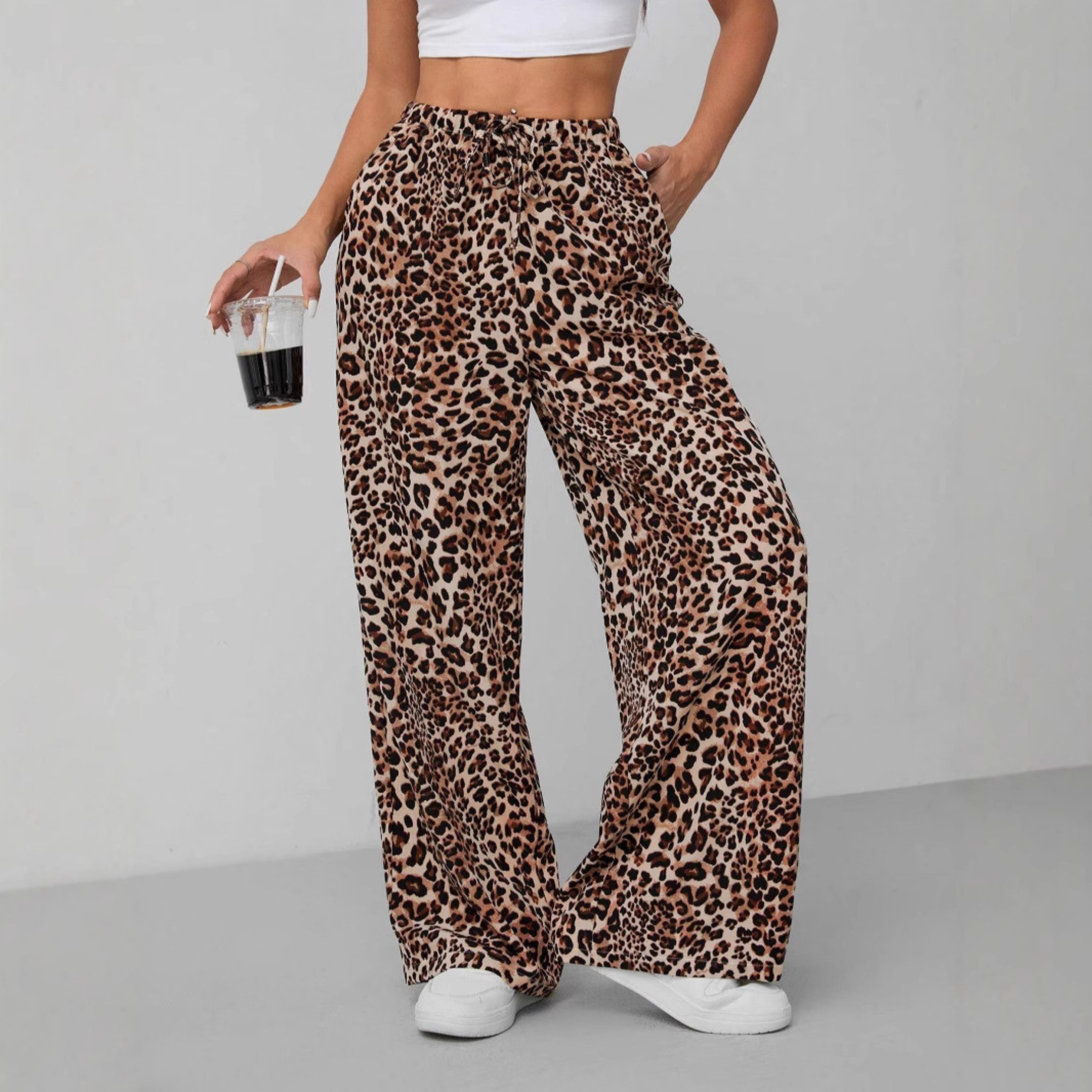 SYALA™ Vintage Leopard Tie-Front Wide-Leg Pants – Chic Retro Print for Effortless Style