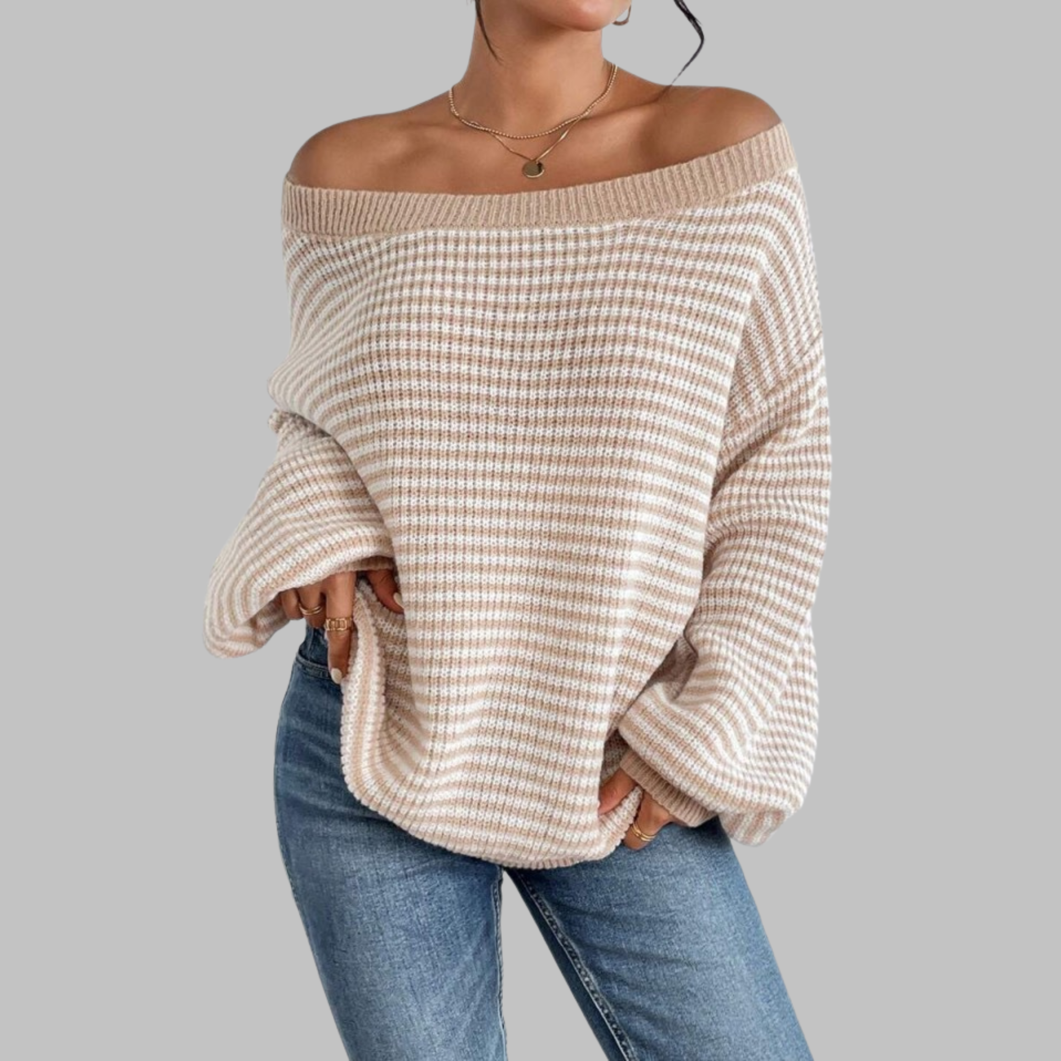 POSHIKO™ Cozy Striped Drop-Shoulder Long-Sleeve Knit Sweater