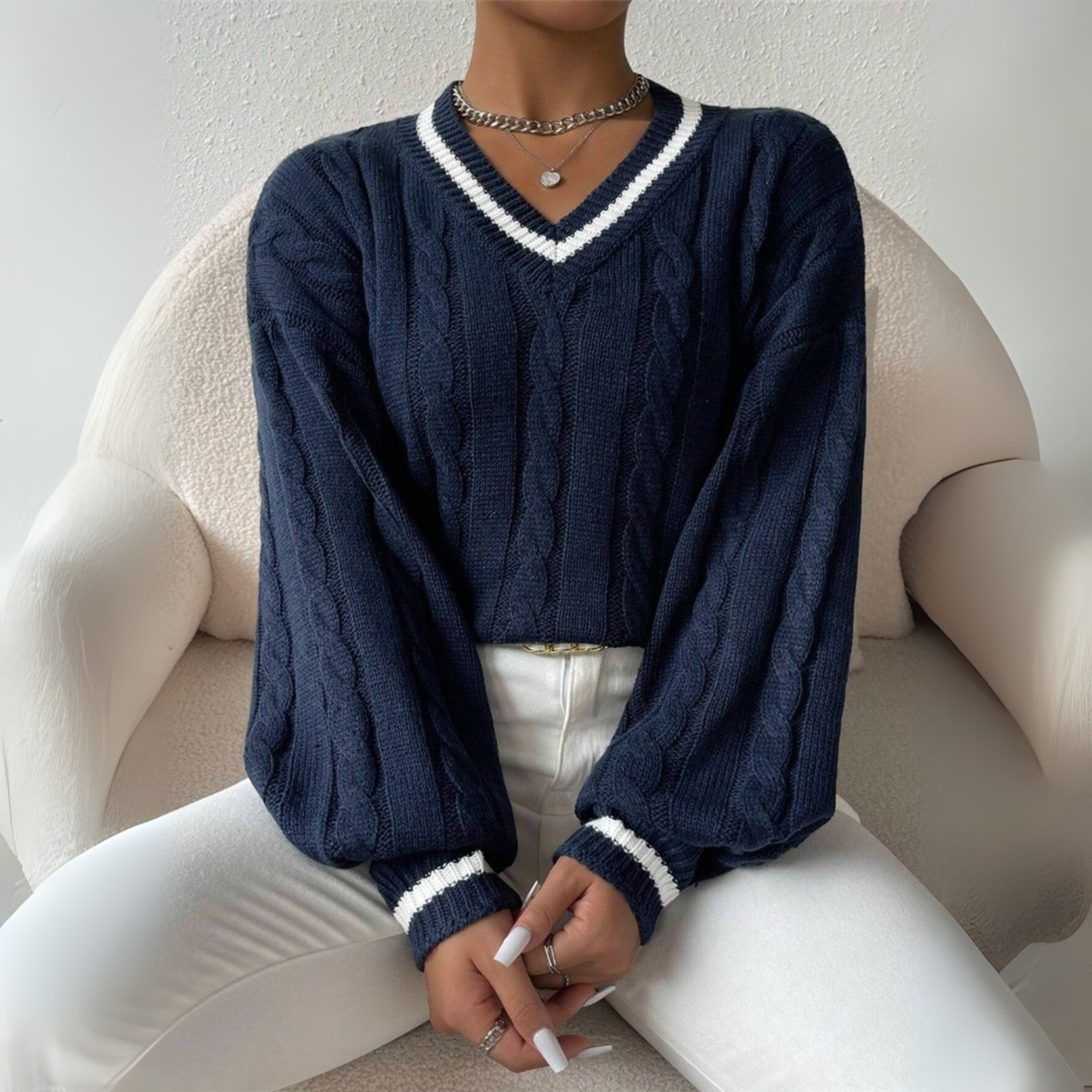 SOVU™ - Effortless Chic Long-Sleeve V-Neck Knit Sweater