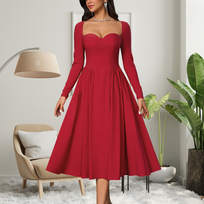AKILA™ Glamorous Heart-Neckline Long-Sleeve A-Line Maxi Dress