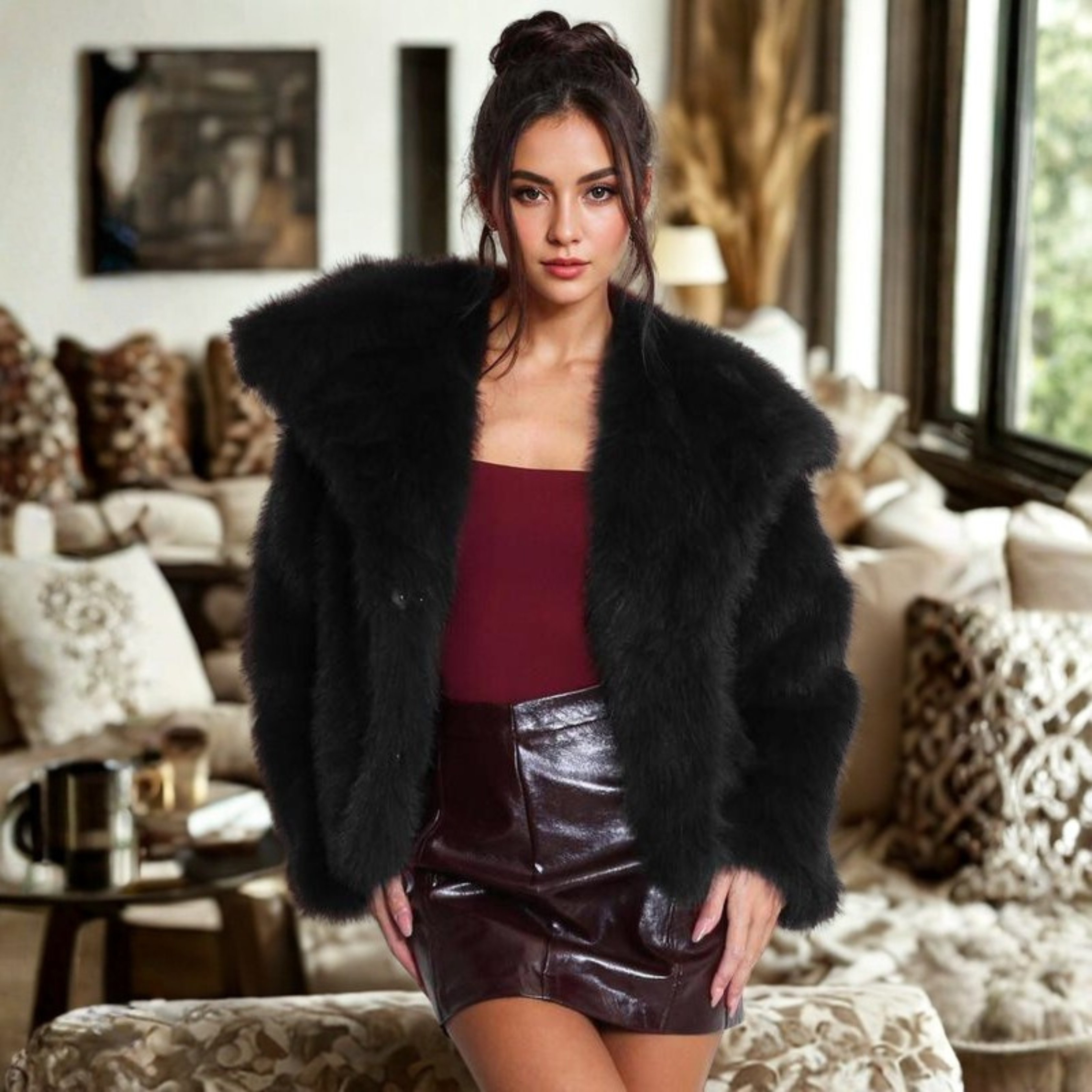 Corrine™ - Elegant Long-Sleeve Collared Fuzzy Coat