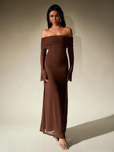 DARCIE™ Off-Shoulder Ruched Sequin Bodycon Evening Gown – Sleek, Sparkling & Figure-Flattering