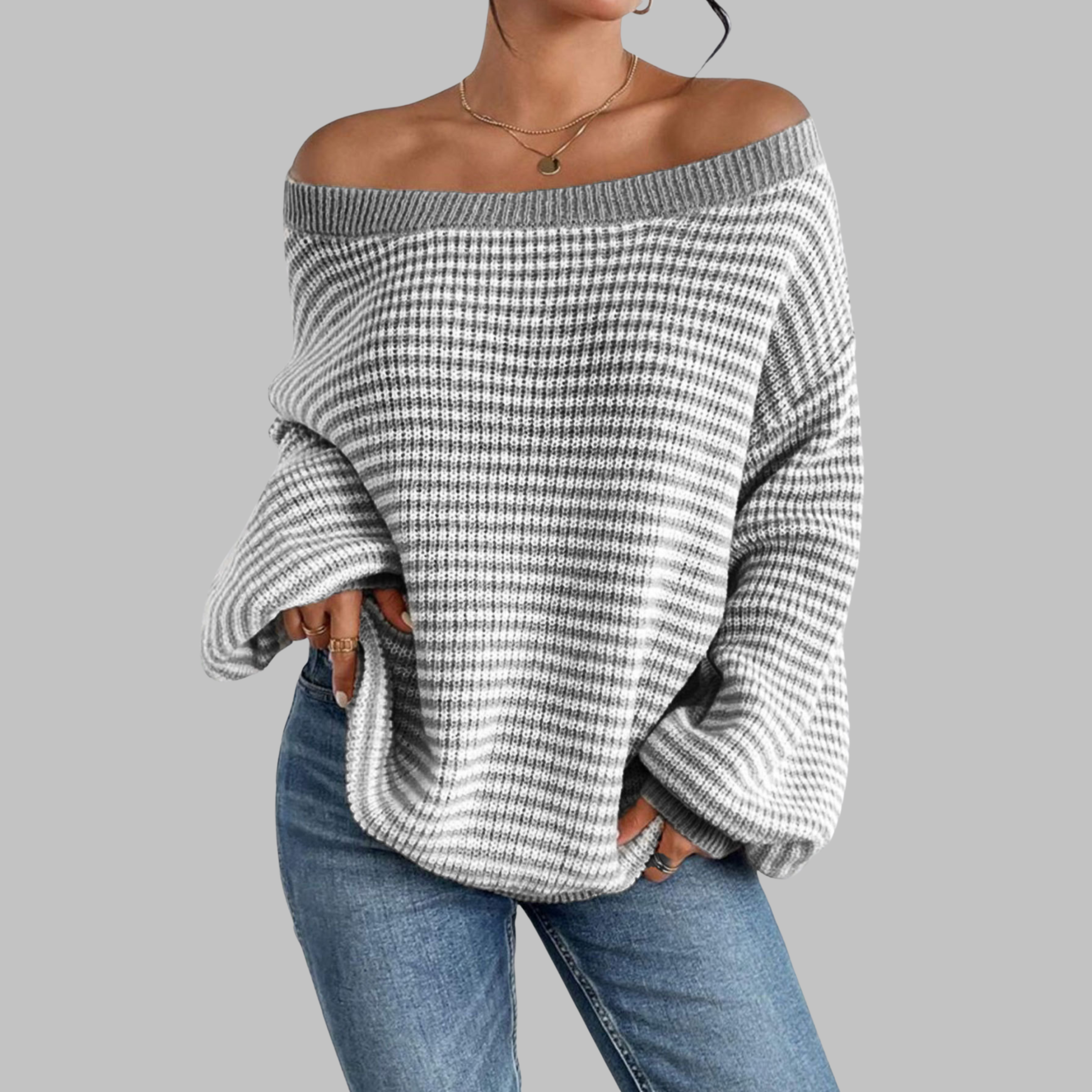 POSHIKO™ Cozy Striped Drop-Shoulder Long-Sleeve Knit Sweater