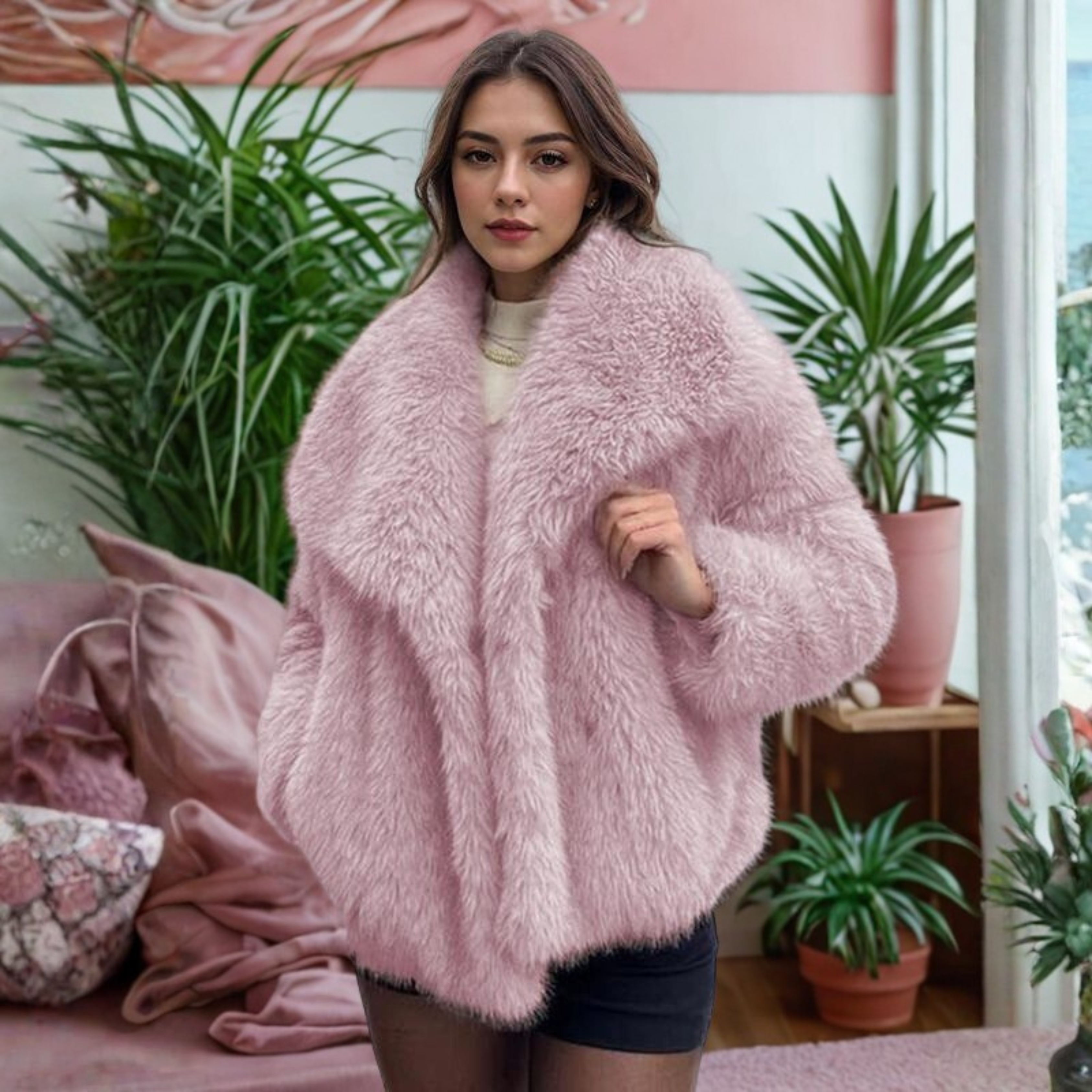 Corrine™ - Elegant Long-Sleeve Collared Fuzzy Coat