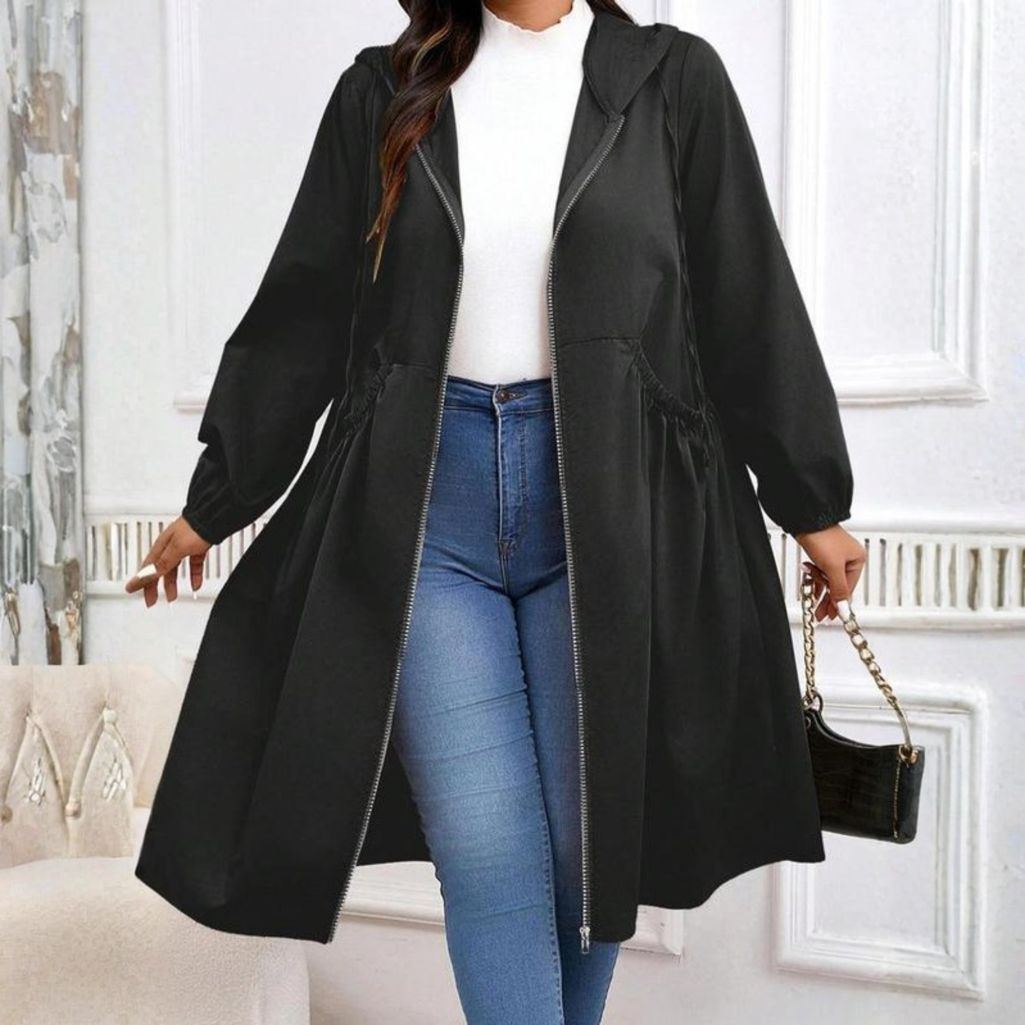 AVRIL™ Casual Plus-Size Hooded Zip-Up Coat with Drawstring – Long-Sleeve