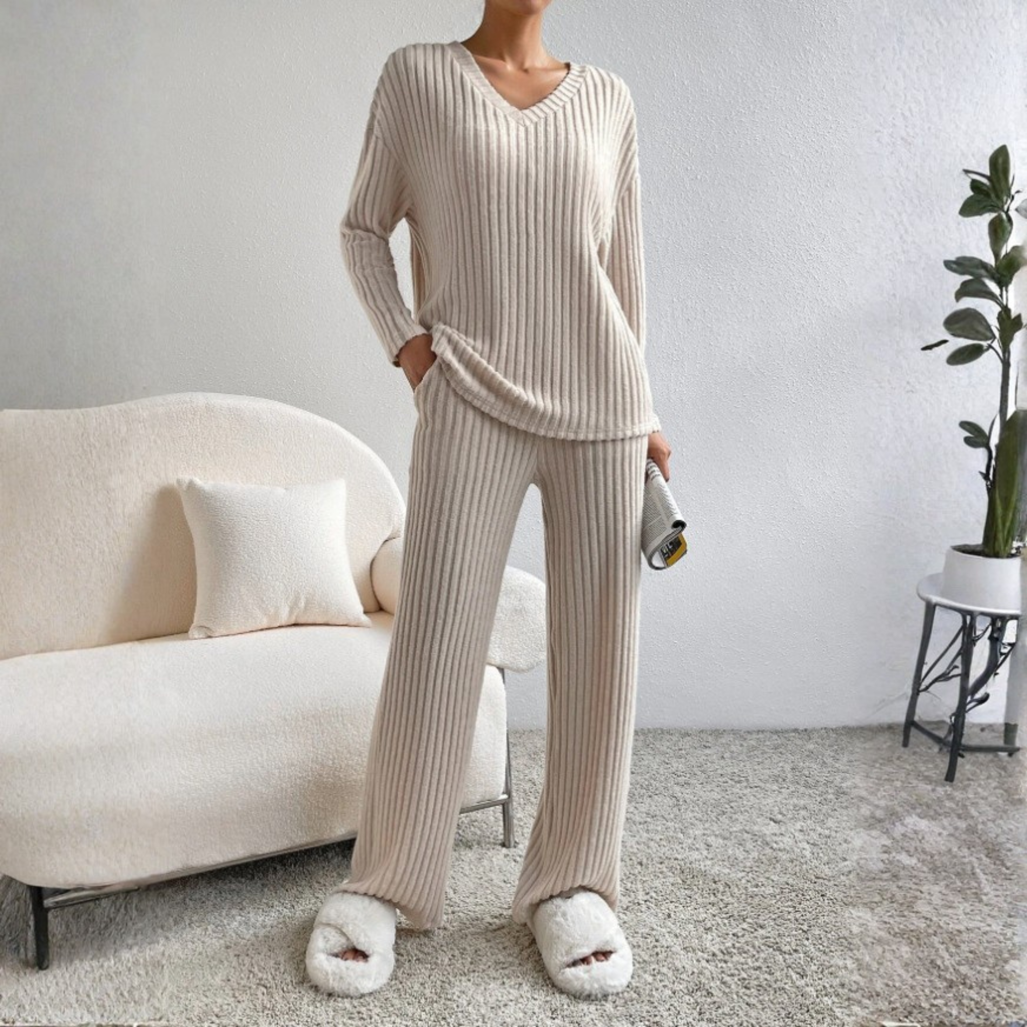 ENLINS™ Cozy Casual Long-Sleeve V-Neck Top & Matching Pants Set