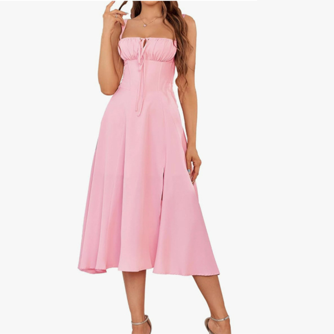 ARIELLOU™ Sophisticated Lace-Up Square-Neck Midi Dress