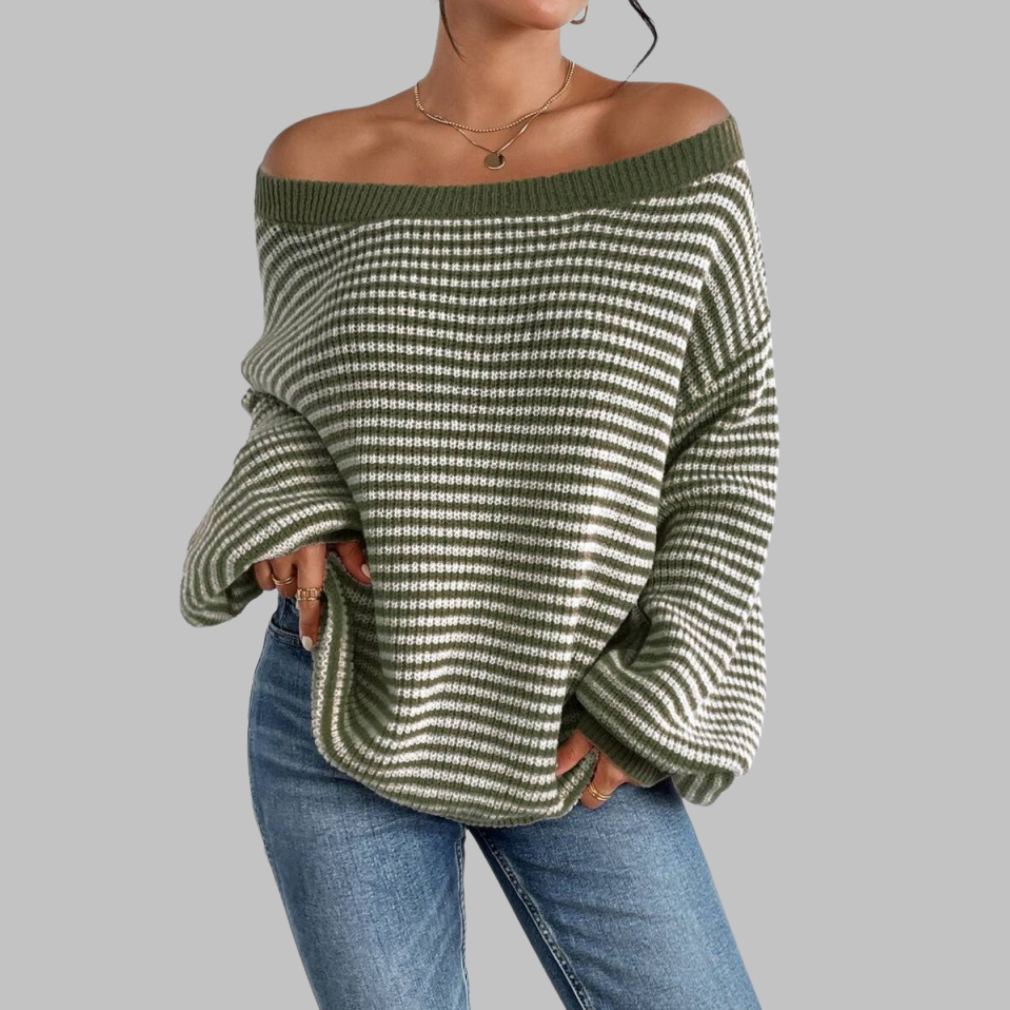 POSHIKO™ Cozy Striped Drop-Shoulder Long-Sleeve Knit Sweater