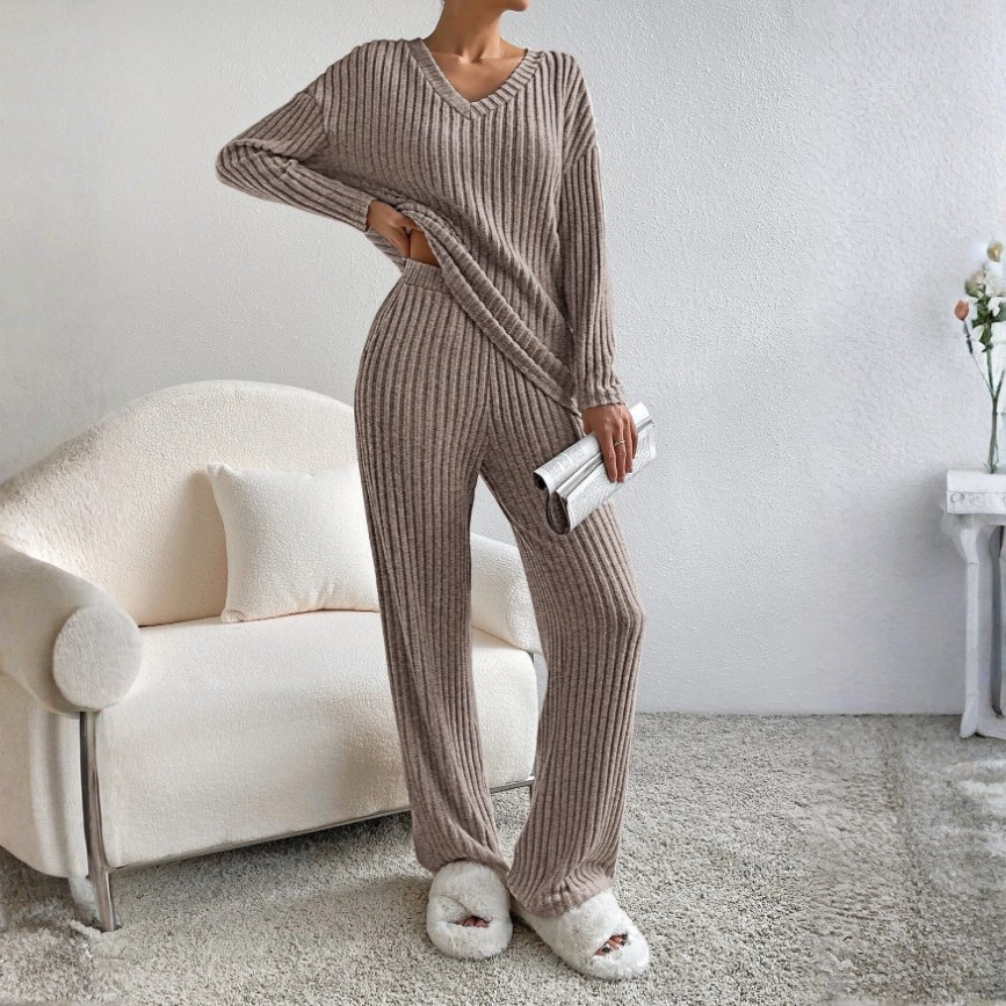 ENLINS™ Cozy Casual Long-Sleeve V-Neck Top & Matching Pants Set