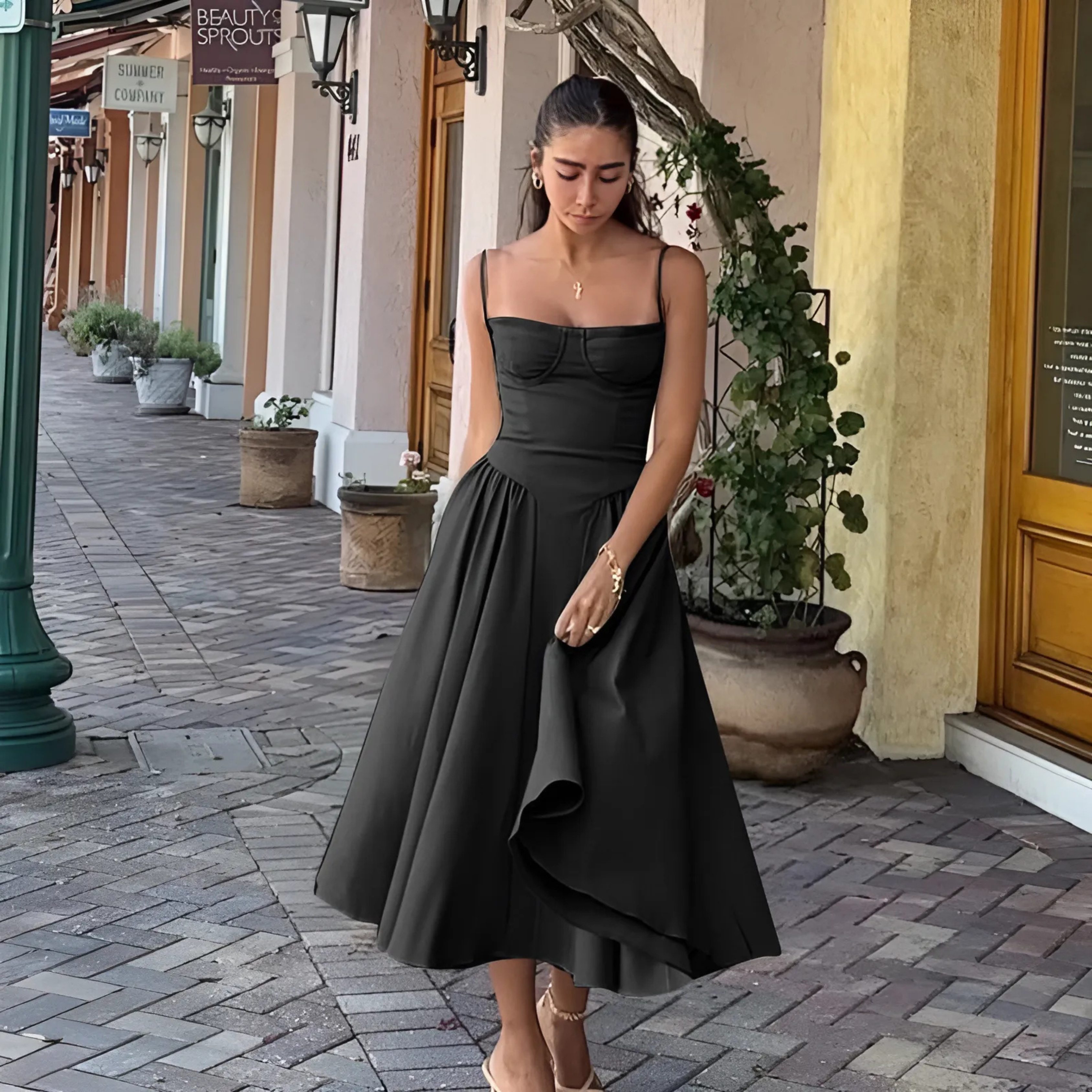 TRENTA™ - Sleek Spaghetti-Strap Bodycon Midi Dress for a Chic, Figure-Hugging Look