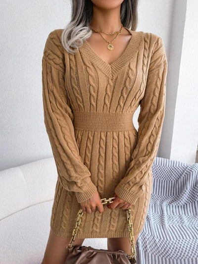 HOLLY™ Cozy Cable-Knit V-Neck Long-Sleeve Sweater Dress