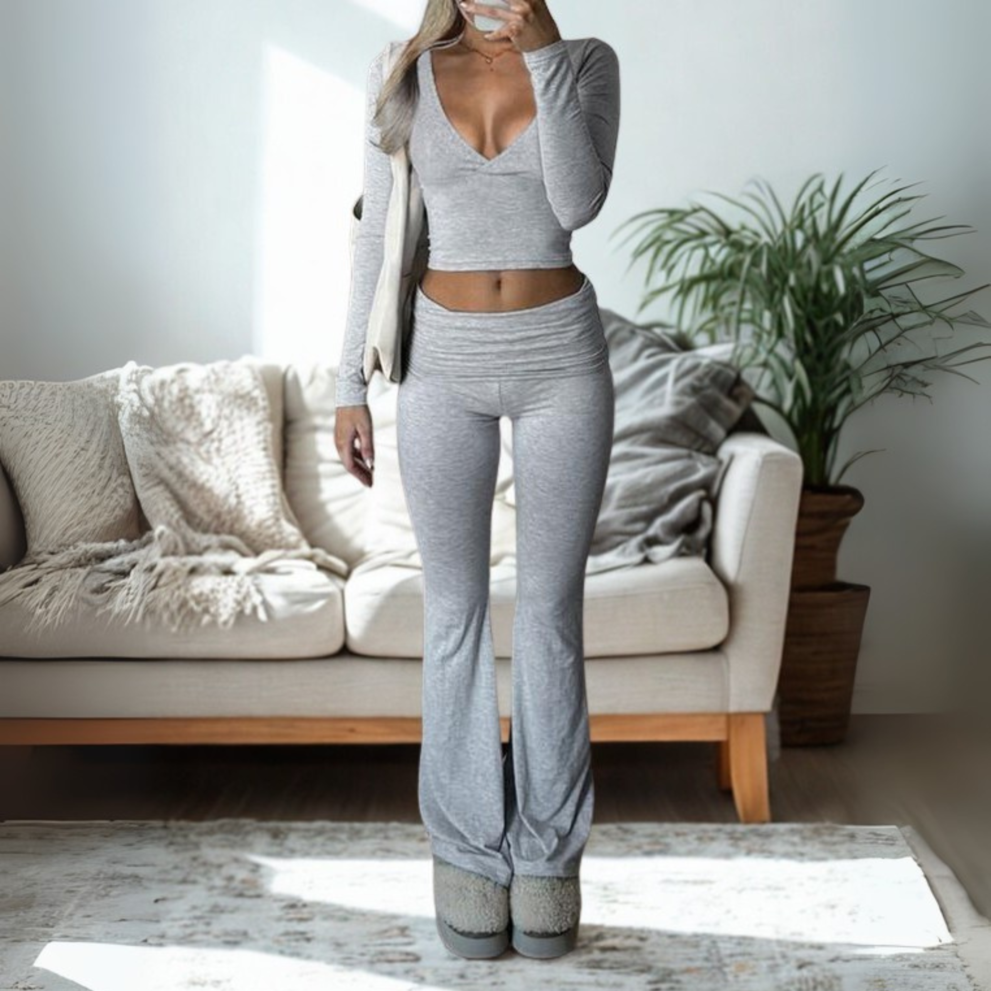 SINA™ Casual V-Neck Long-Sleeve Crop Top & Pants Set – Effortless Everyday Chic