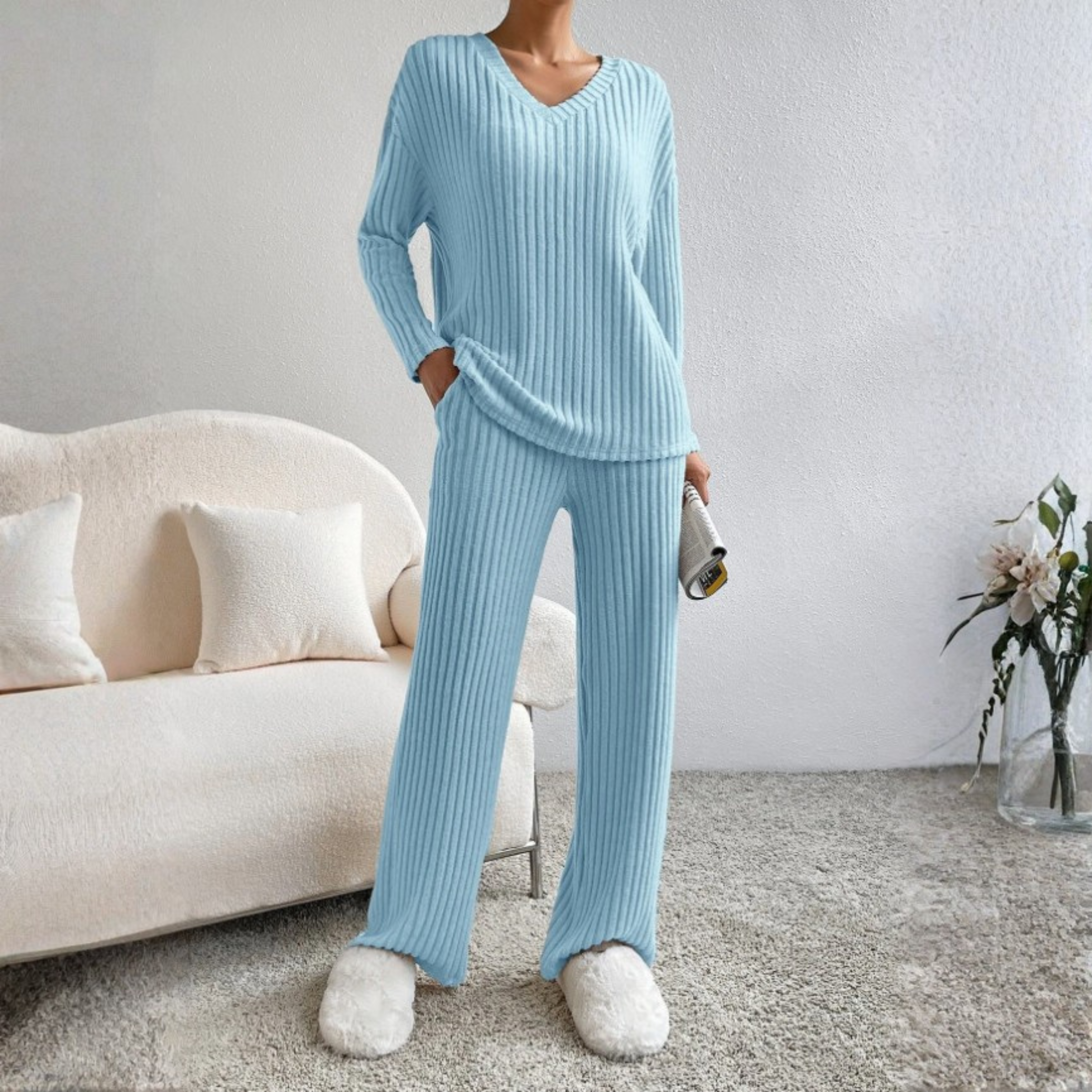 ENLINS™ Cozy Casual Long-Sleeve V-Neck Top & Matching Pants Set