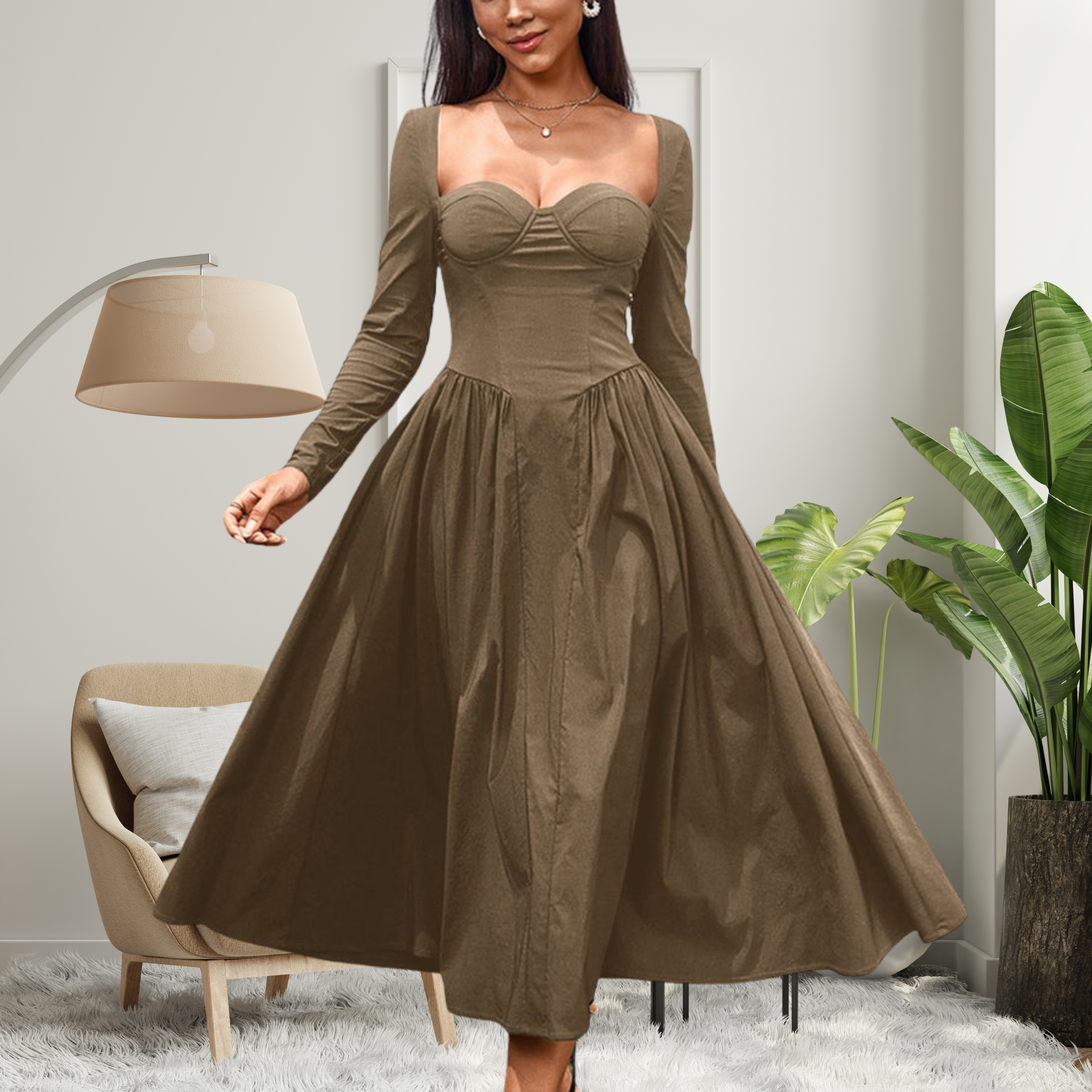 AKILA™ Glamorous Heart-Neckline Long-Sleeve A-Line Maxi Dress