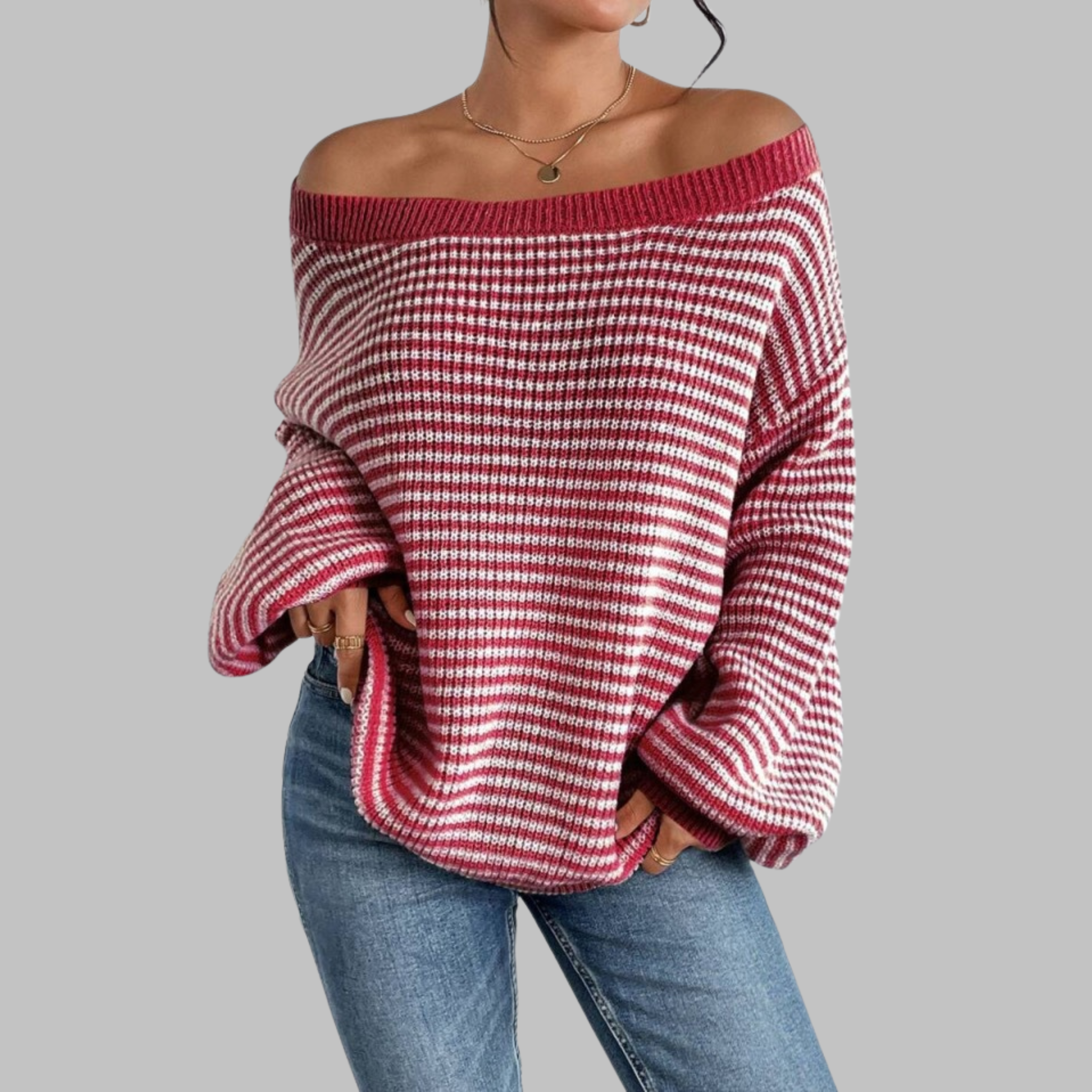 POSHIKO™ Cozy Striped Drop-Shoulder Long-Sleeve Knit Sweater
