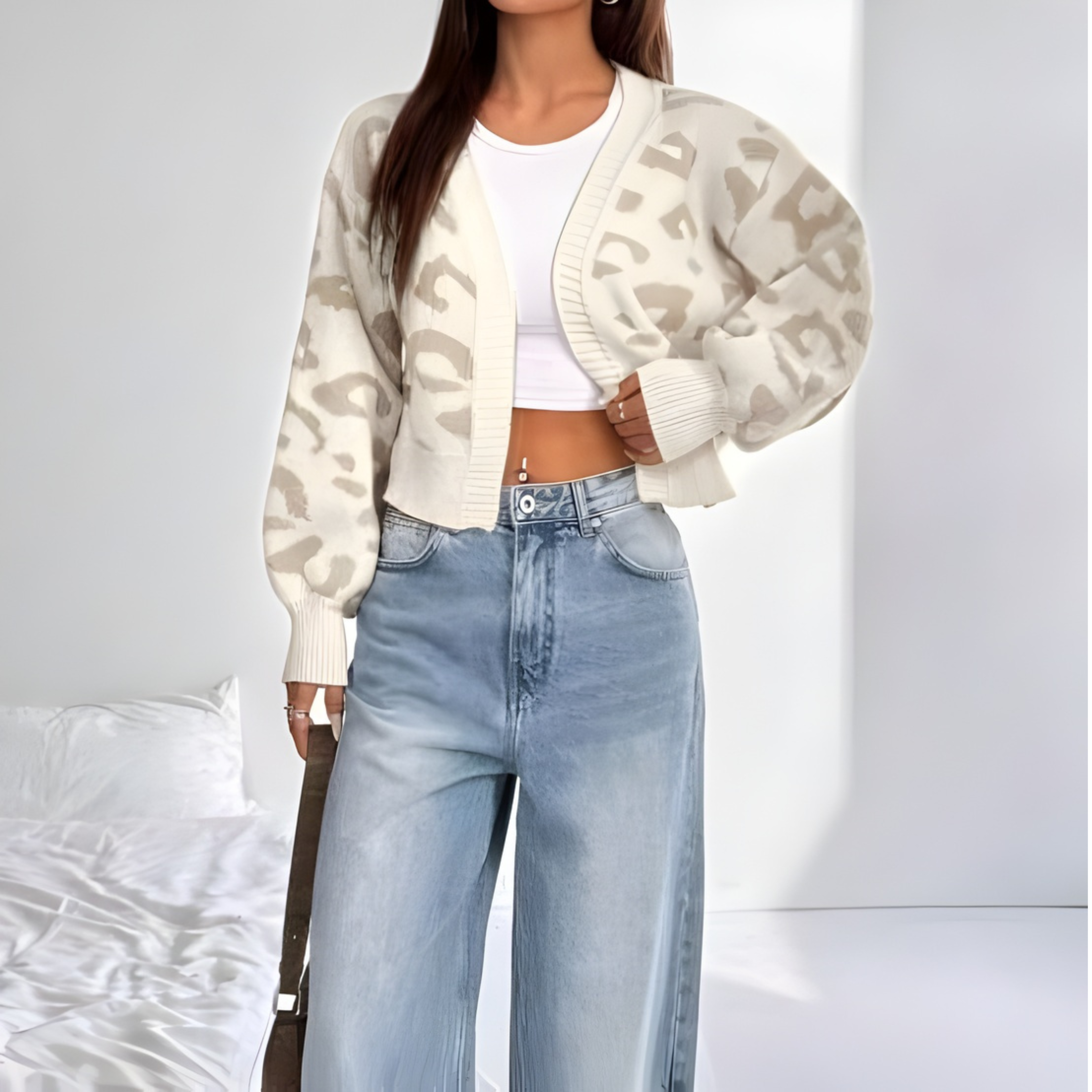 AVIA™ Cozy Leopard-Print Lantern-Sleeve Cardigan