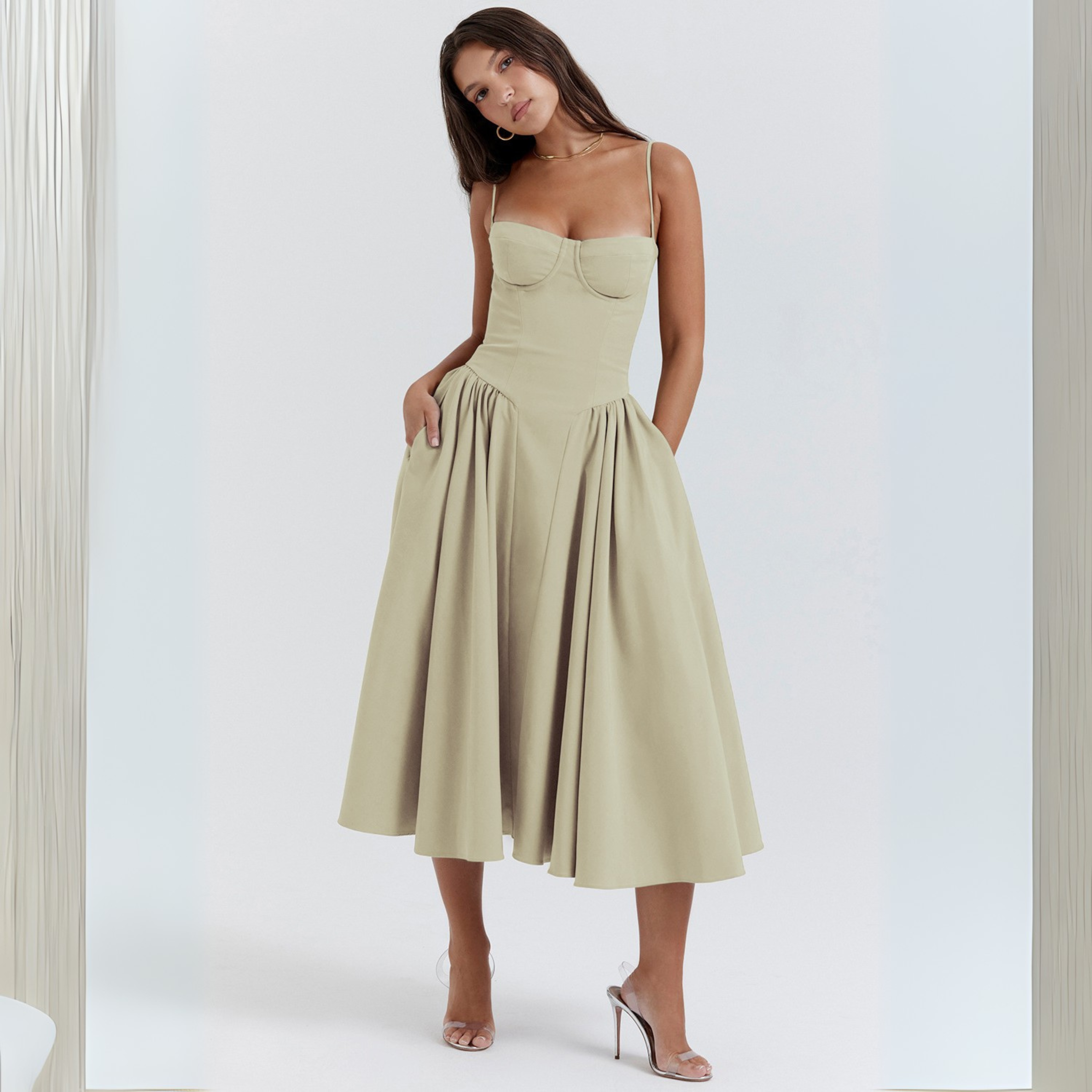 TRENTA™ - Sleek Spaghetti-Strap Bodycon Midi Dress for a Chic, Figure-Hugging Look