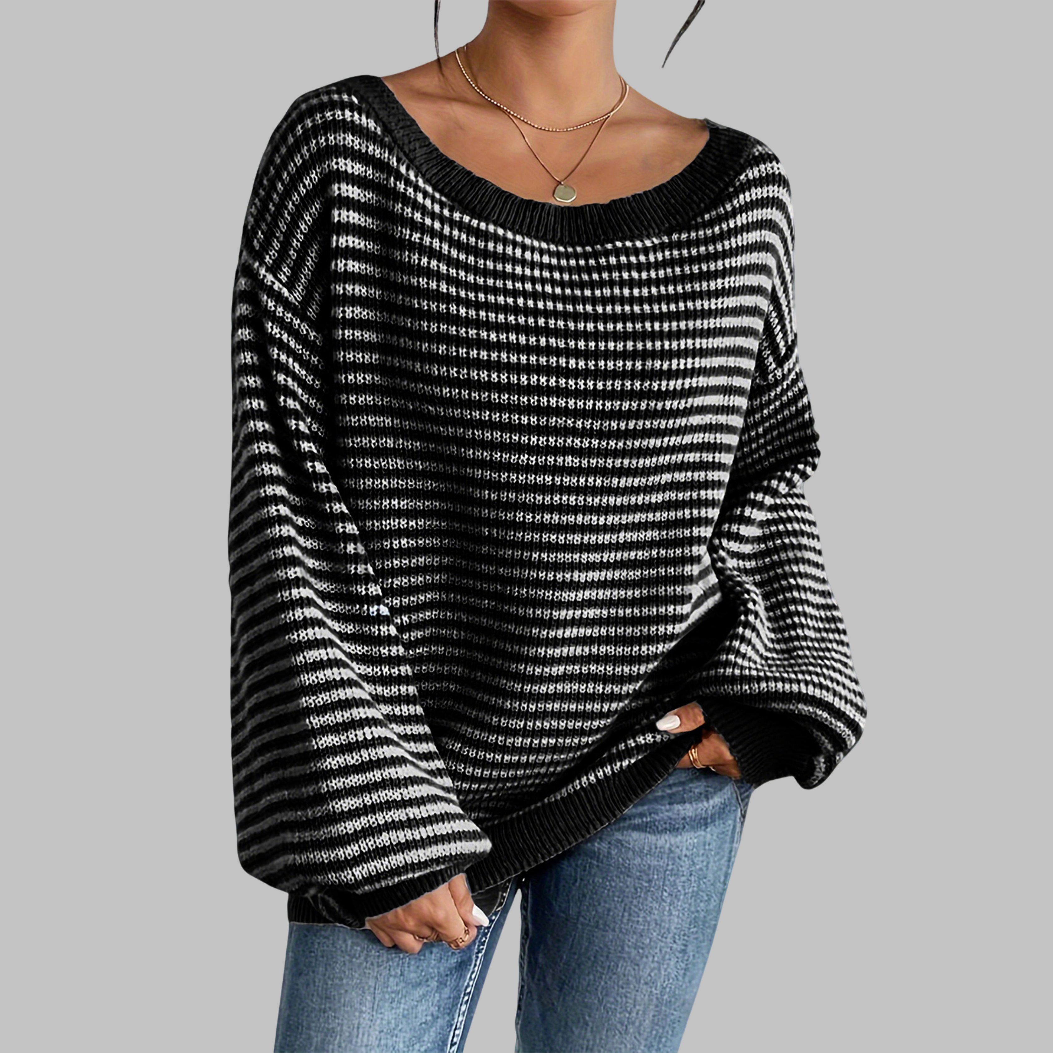 POSHIKO™ Cozy Striped Drop-Shoulder Long-Sleeve Knit Sweater
