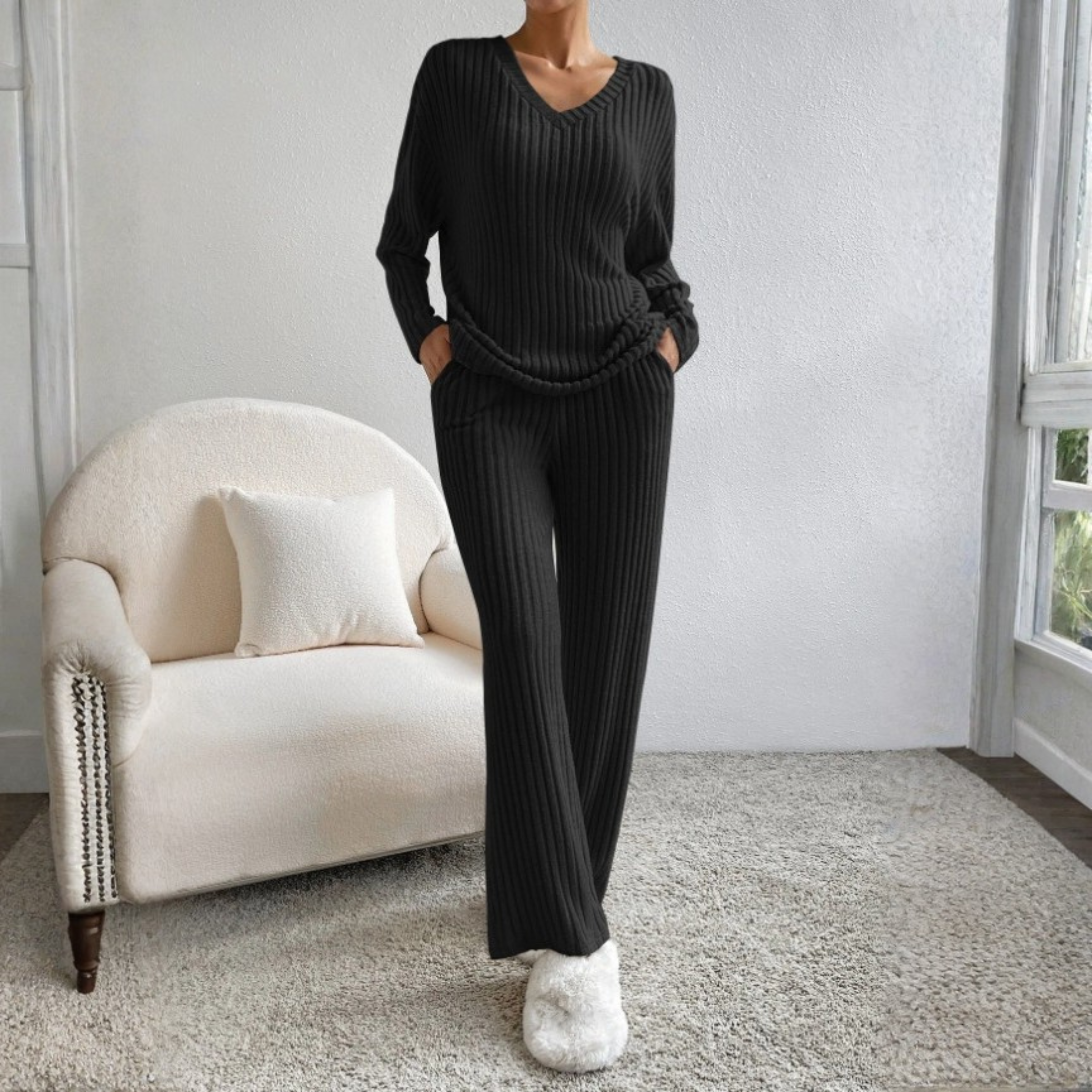 ENLINS™ Cozy Casual Long-Sleeve V-Neck Top & Matching Pants Set