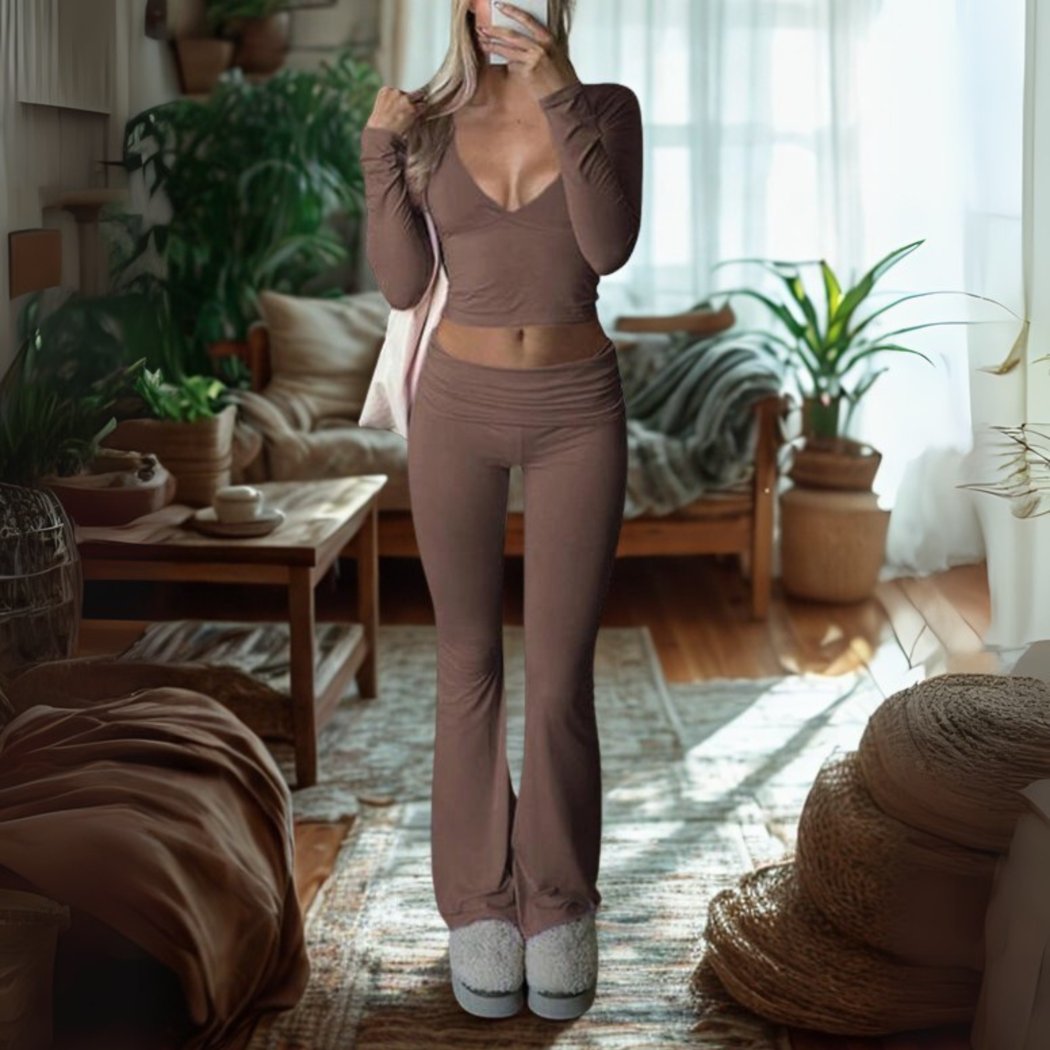 SINA™ Casual V-Neck Long-Sleeve Crop Top & Pants Set – Effortless Everyday Chic