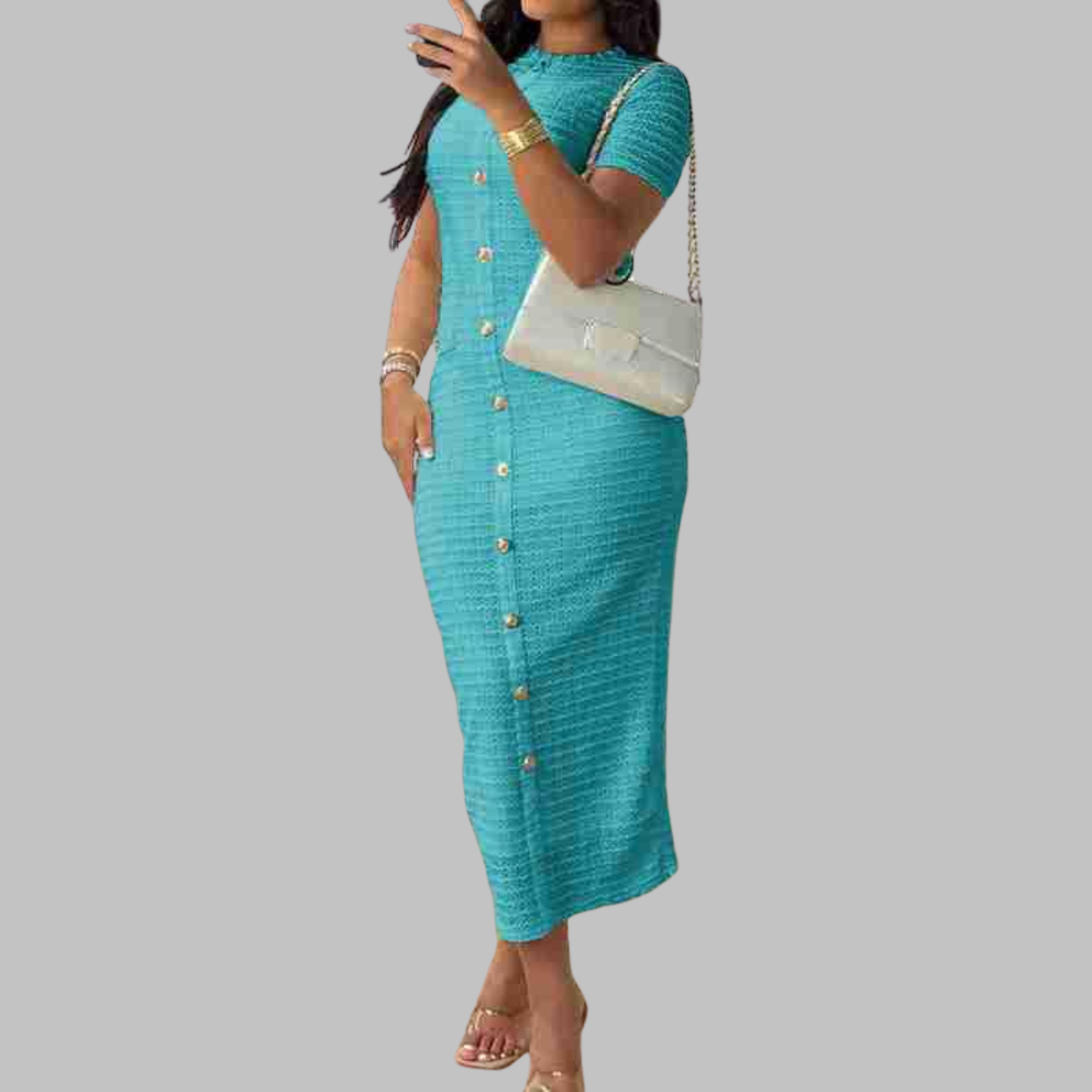 RACHEL™ - Sophisticated Round-Neck Dress with Faux Button Details