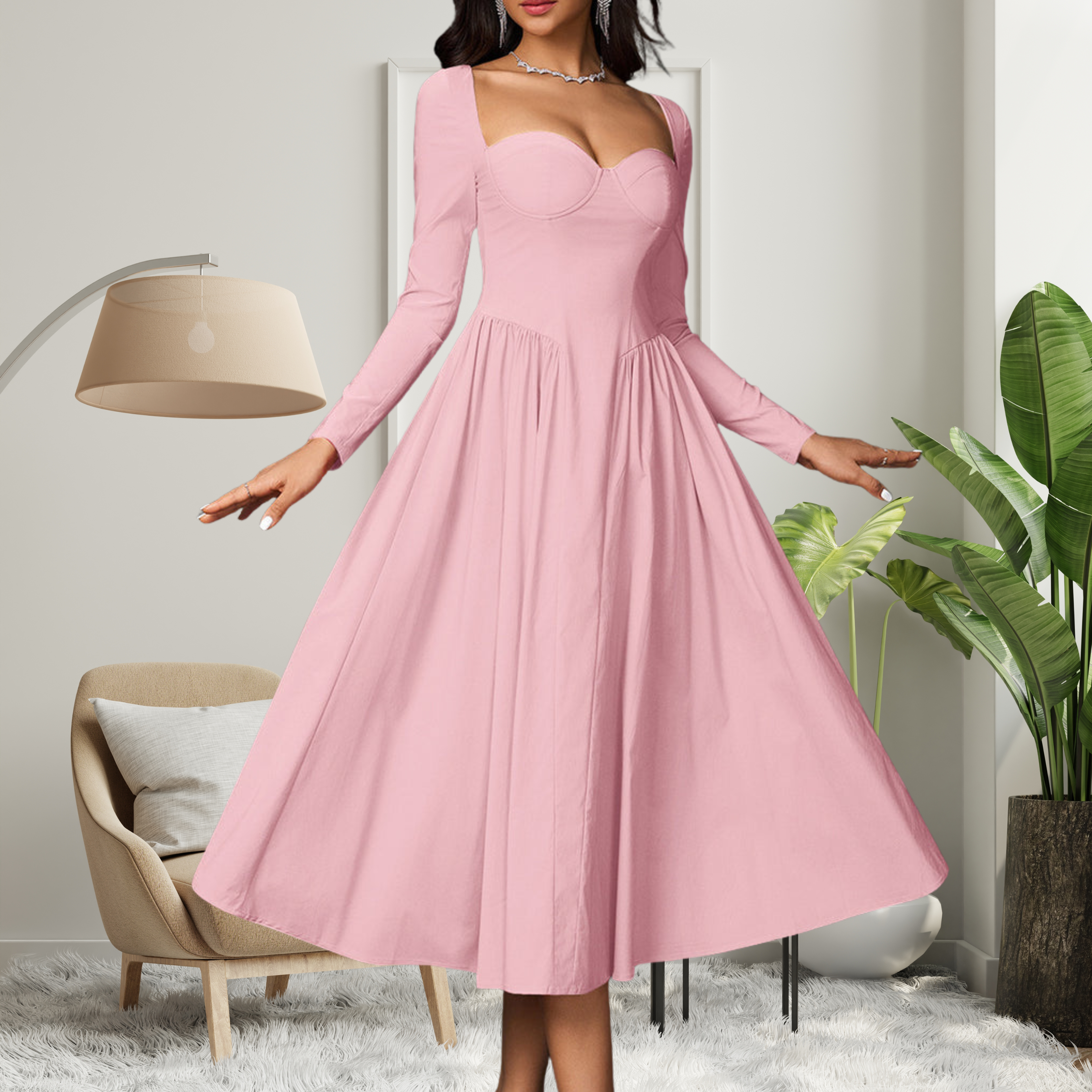 AKILA™ Glamorous Heart-Neckline Long-Sleeve A-Line Maxi Dress