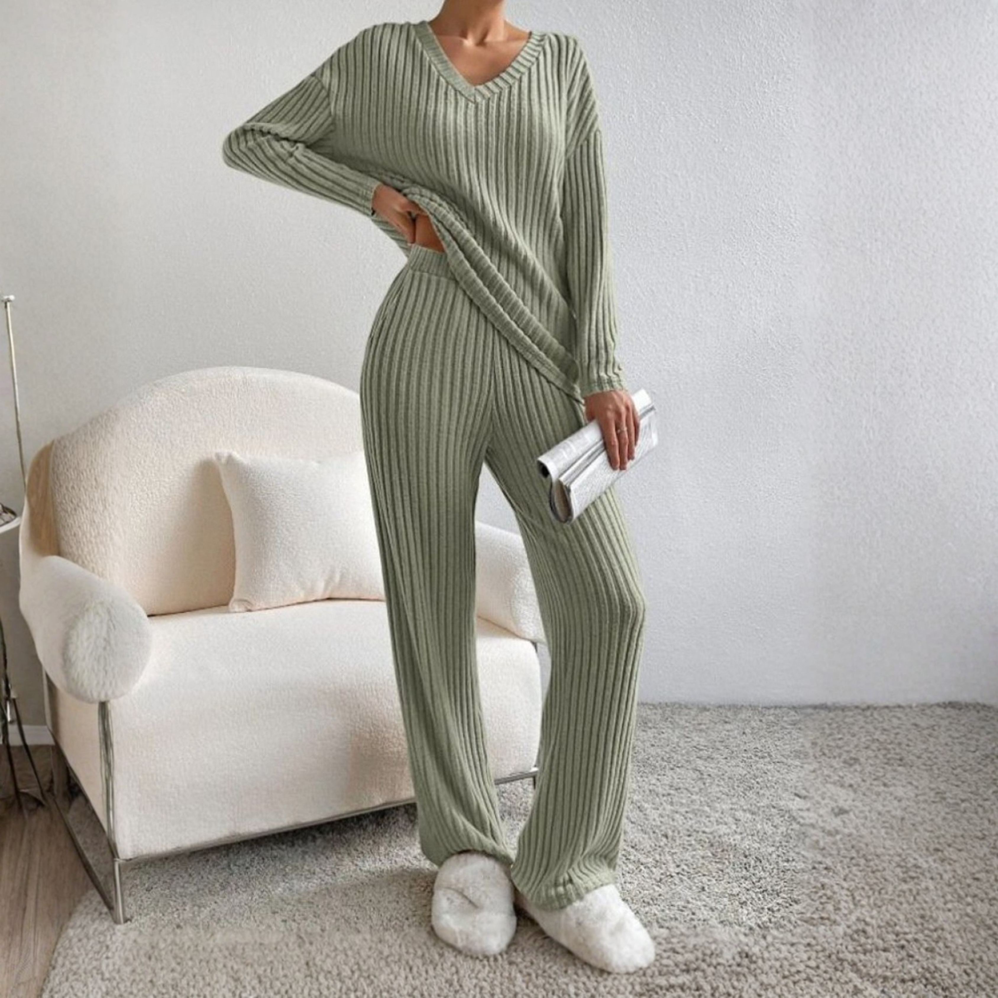 ENLINS™ Cozy Casual Long-Sleeve V-Neck Top & Matching Pants Set