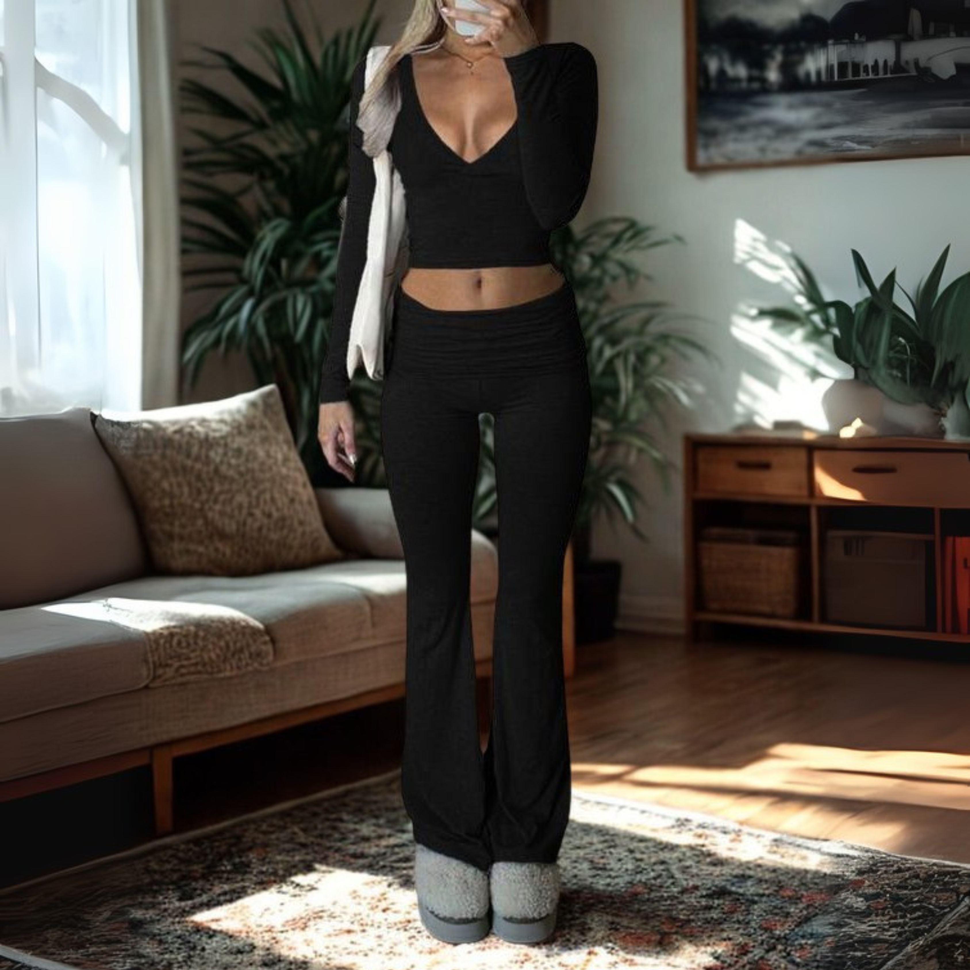 SINA™ Casual V-Neck Long-Sleeve Crop Top & Pants Set – Effortless Everyday Chic