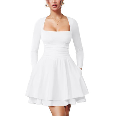 WINONA™ Women's Square-Neck Ruffle-Hem Mini Dress with Ruched Waist and Long Sleeves