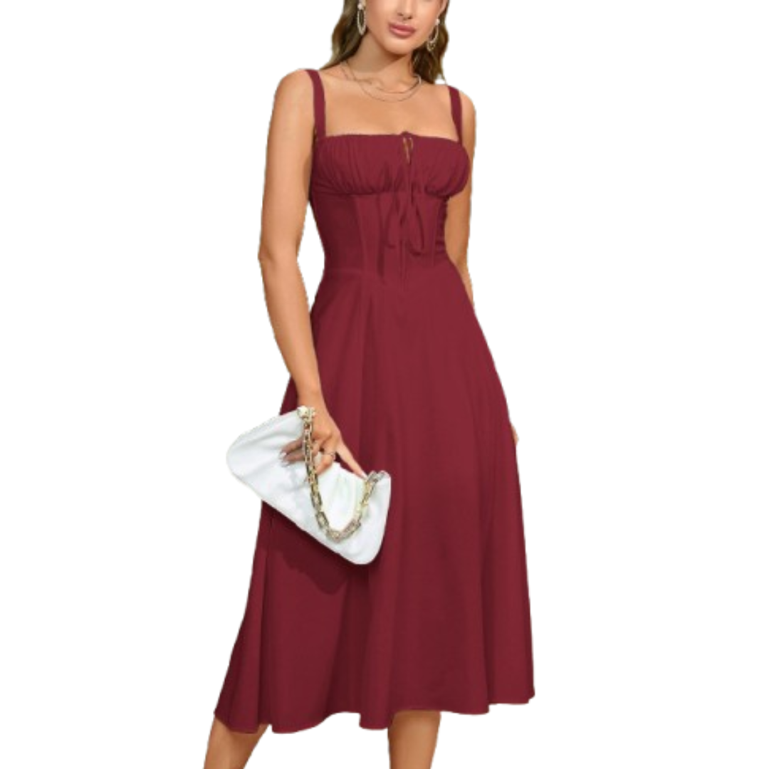 ARIELLOU™ Sophisticated Lace-Up Square-Neck Midi Dress