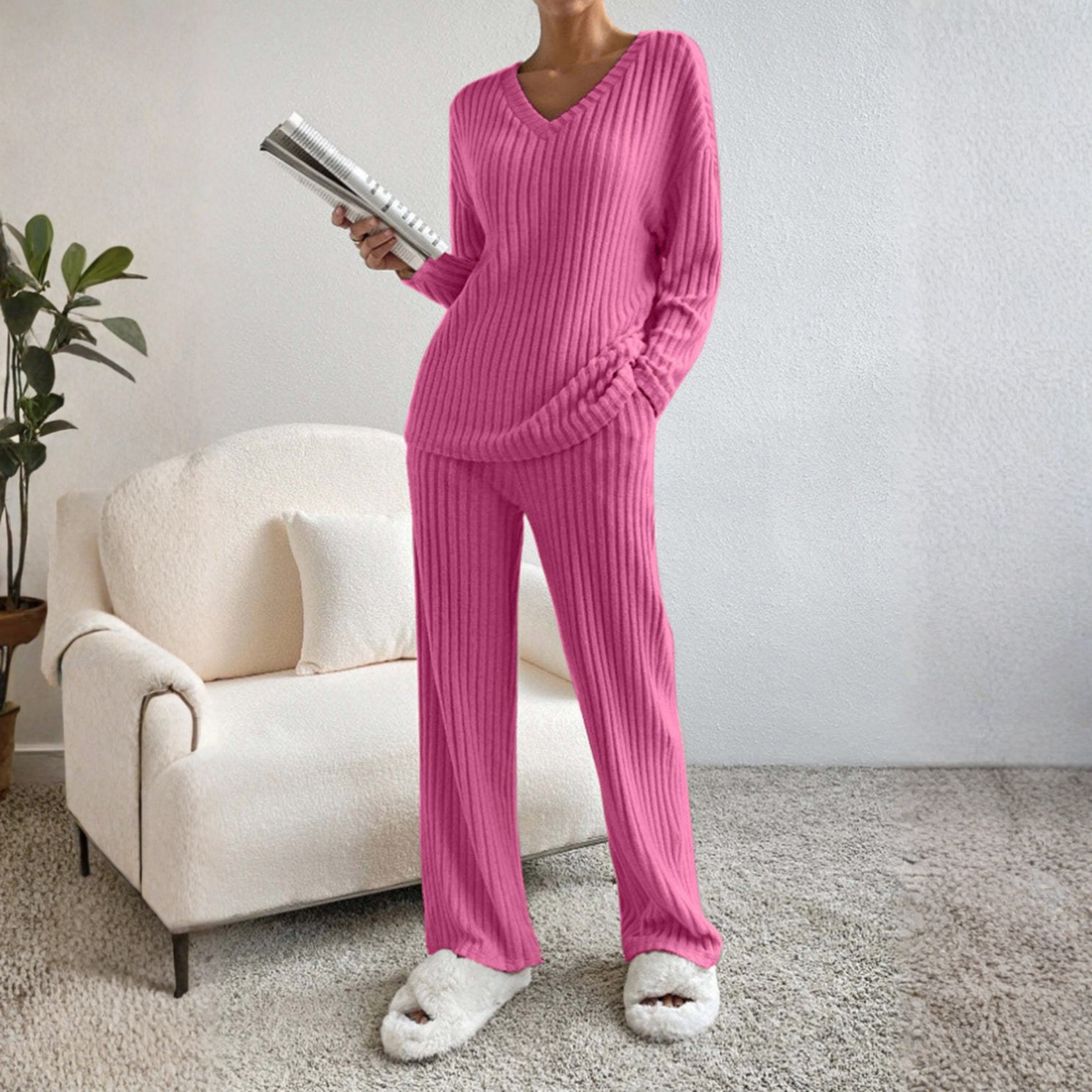 ENLINS™ Cozy Casual Long-Sleeve V-Neck Top & Matching Pants Set