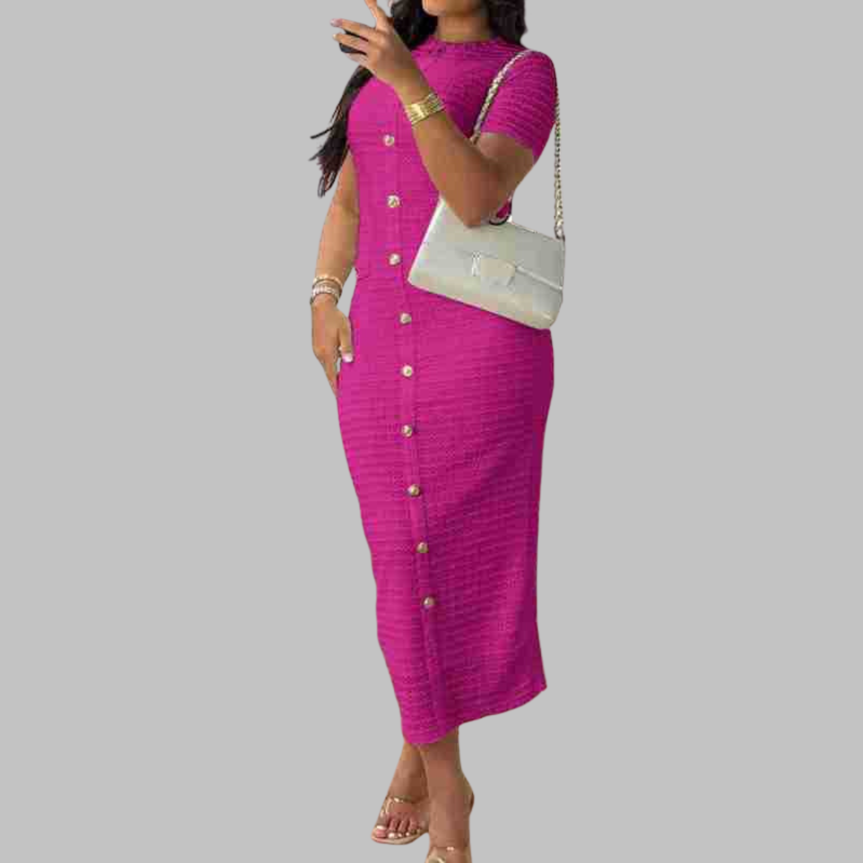 RACHEL™ - Sophisticated Round-Neck Dress with Faux Button Details