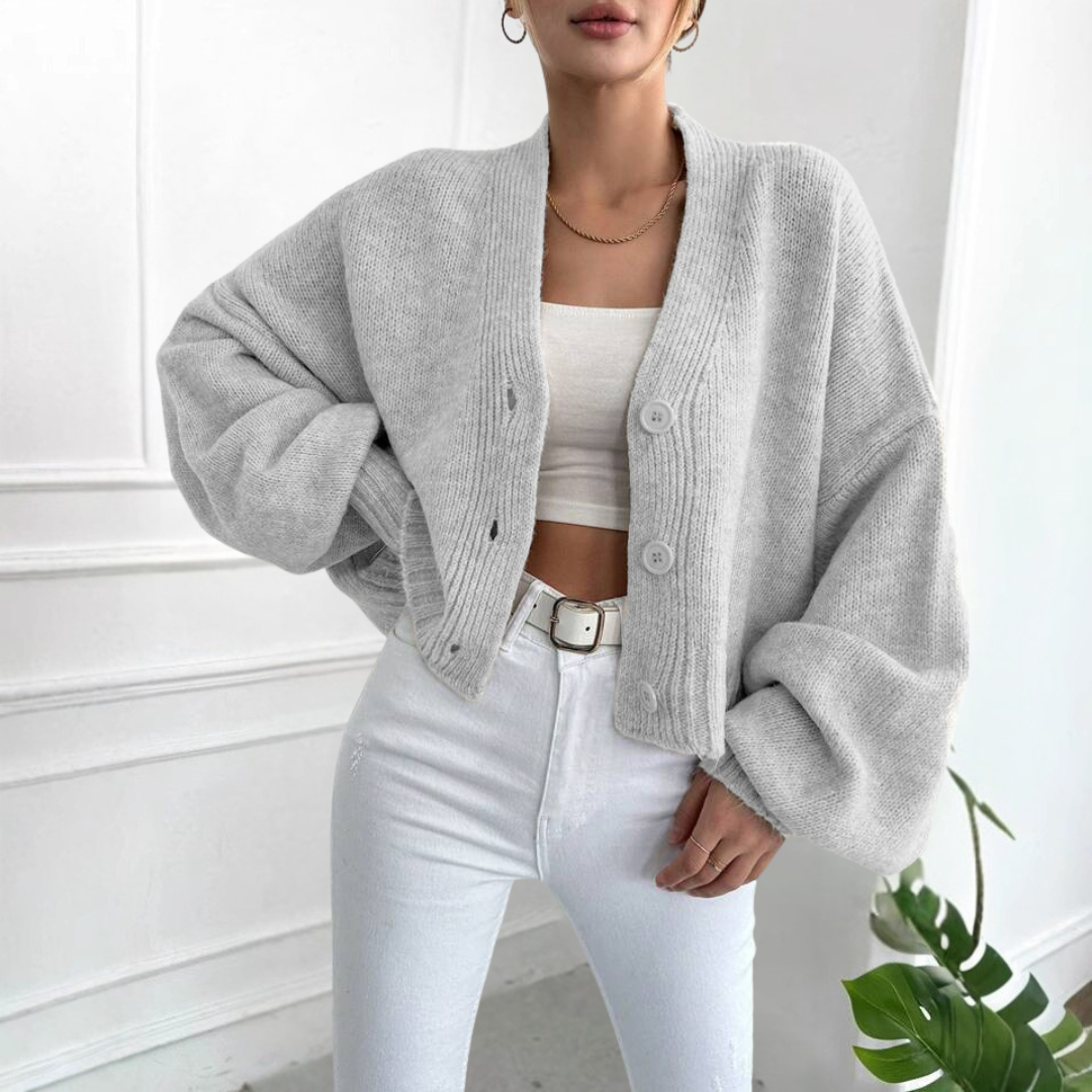 QONY™ Casual Cropped Lantern-Sleeve Cardigan