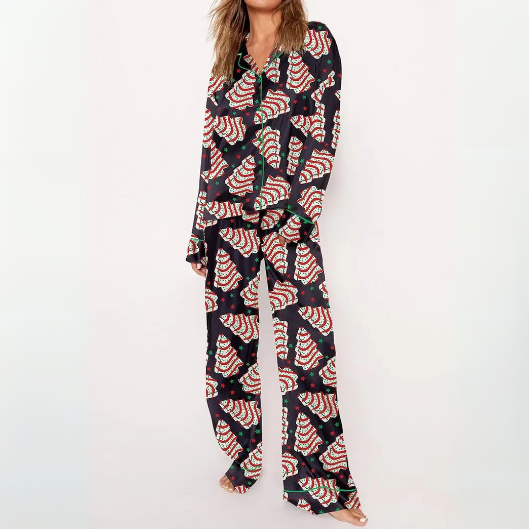 SYLIA™ Casual Printed Button-Down Top & Cozy Pajama Set