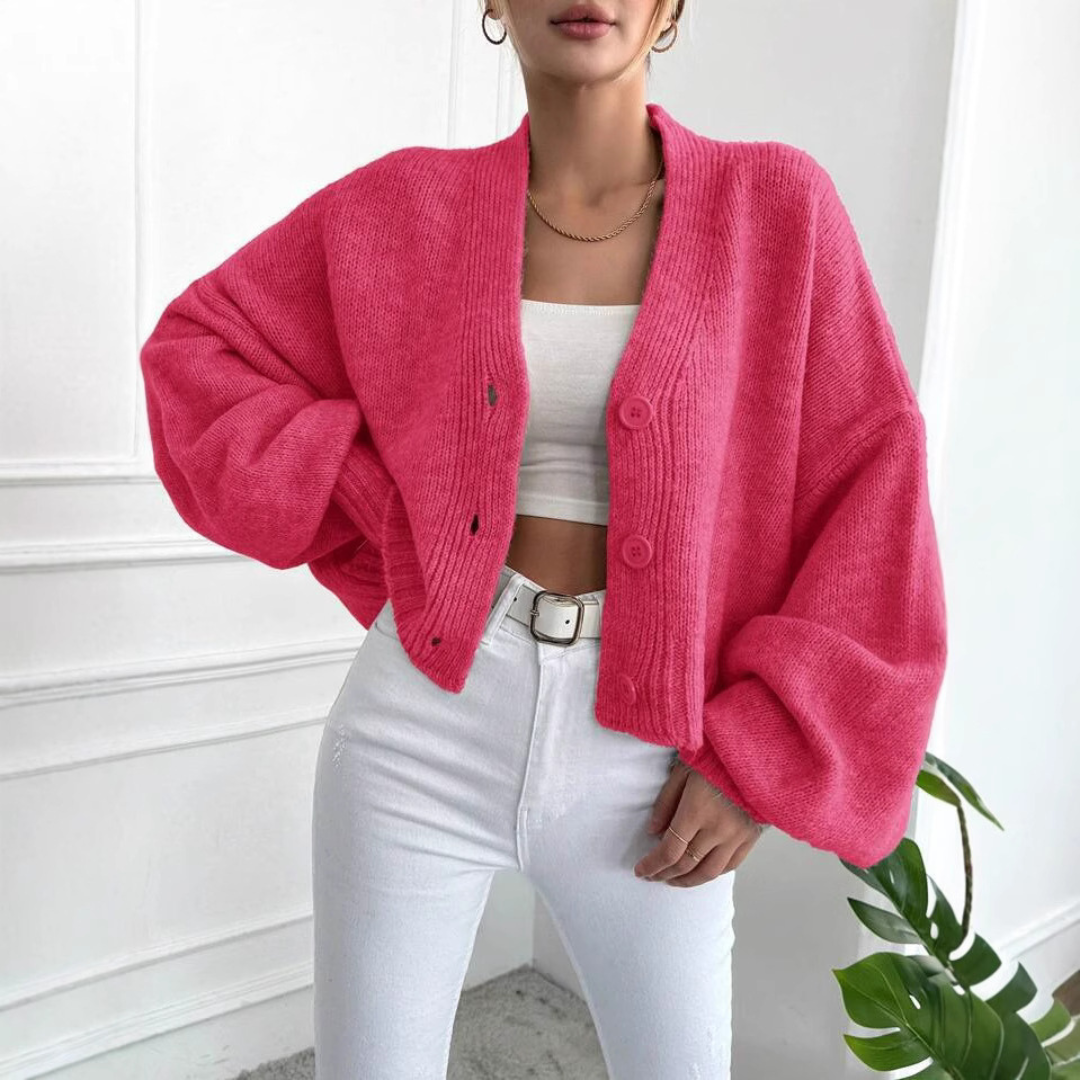 LUMI™ Casual Cropped Cardigan with Lantern Sleeves