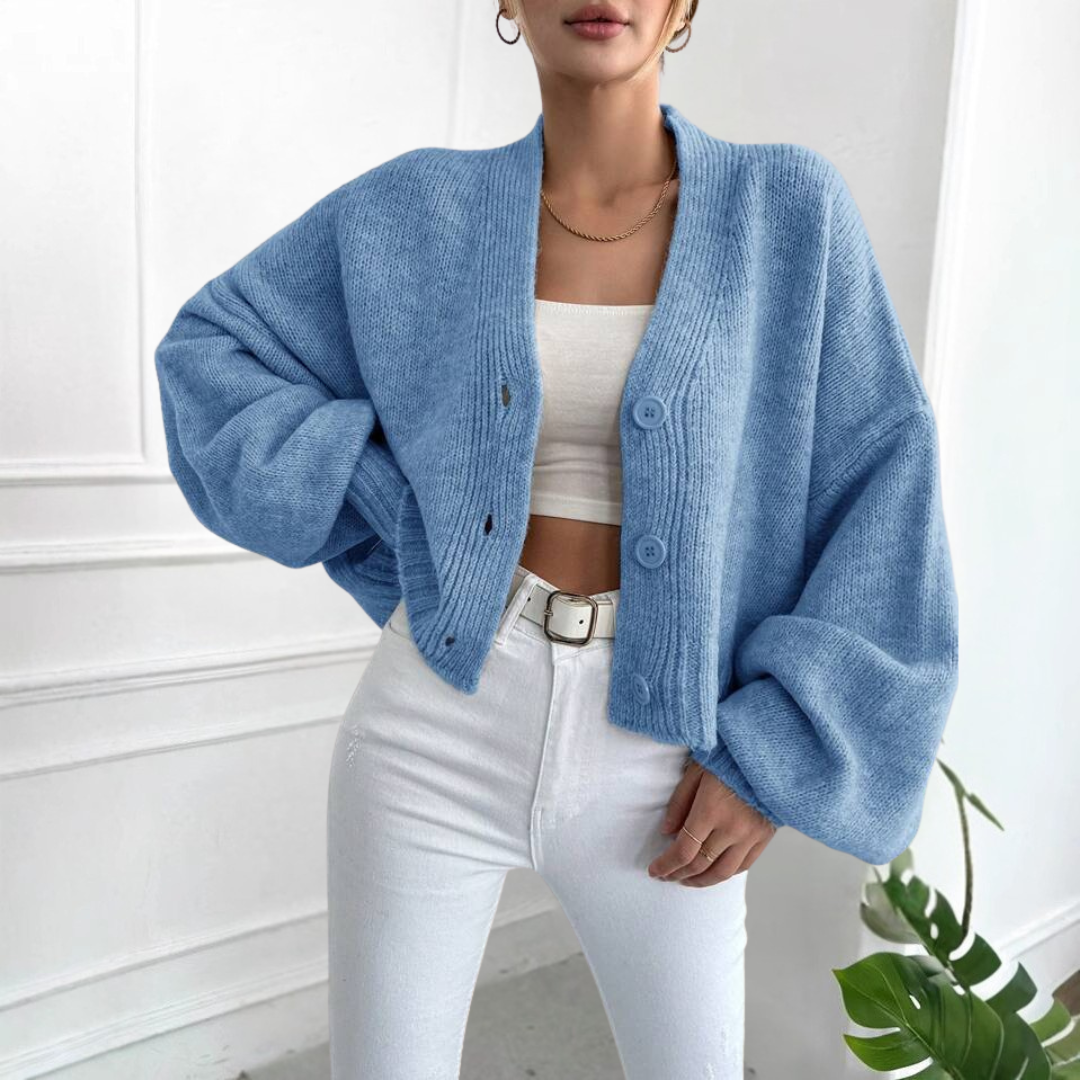 LUMI™ Casual Cropped Cardigan with Lantern Sleeves