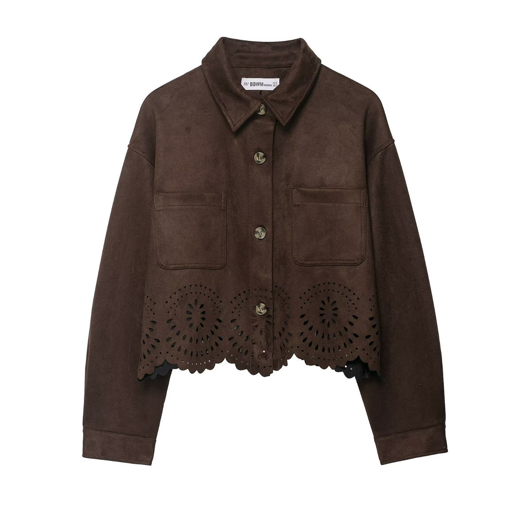 Hollow hem suede jacket+pants set