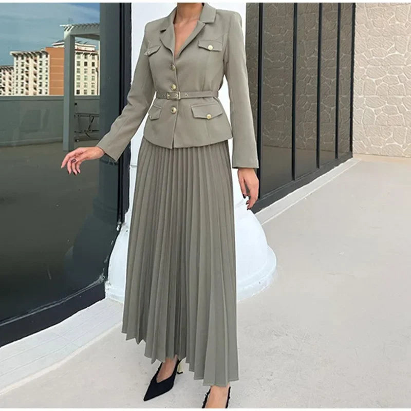 EMILIE™ — Chic Belted Blazer & Pleated Skirt Set for Effortless Style