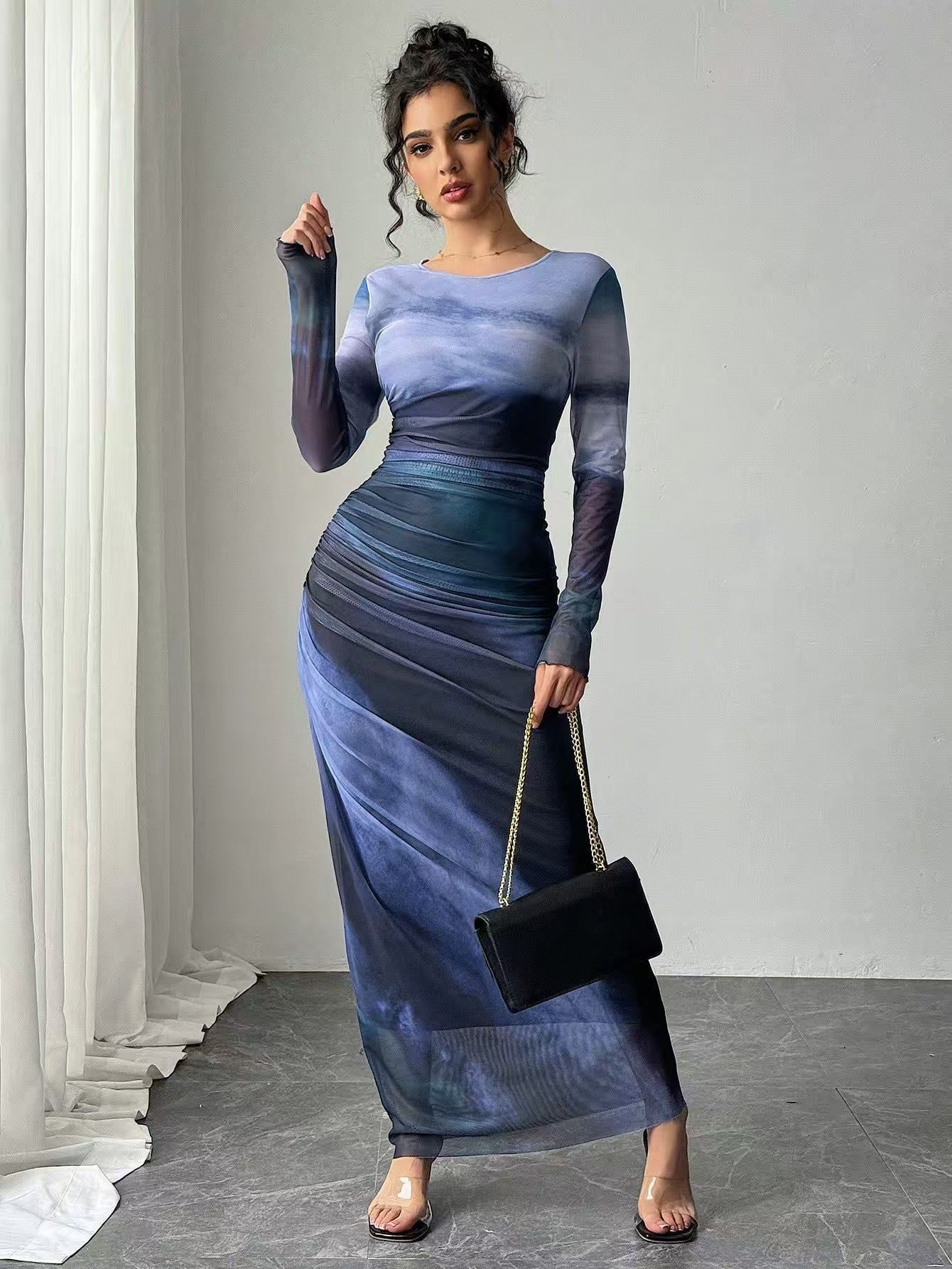 JULIA™ Cozy Printed Long-Sleeve Round-Neck Bodycon Maxi Dress