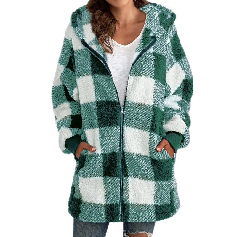 ARABELLA™ Plaid Fleece Hooded Coat — Cozy Long-Sleeve Warmth