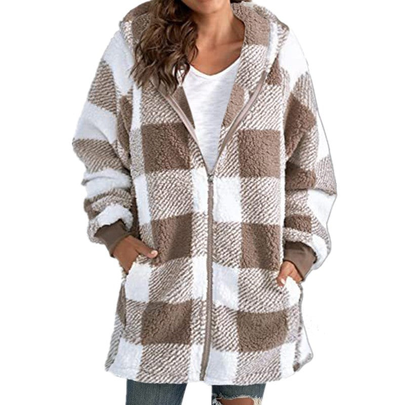 ARABELLA™ Plaid Fleece Hooded Coat — Cozy Long-Sleeve Warmth