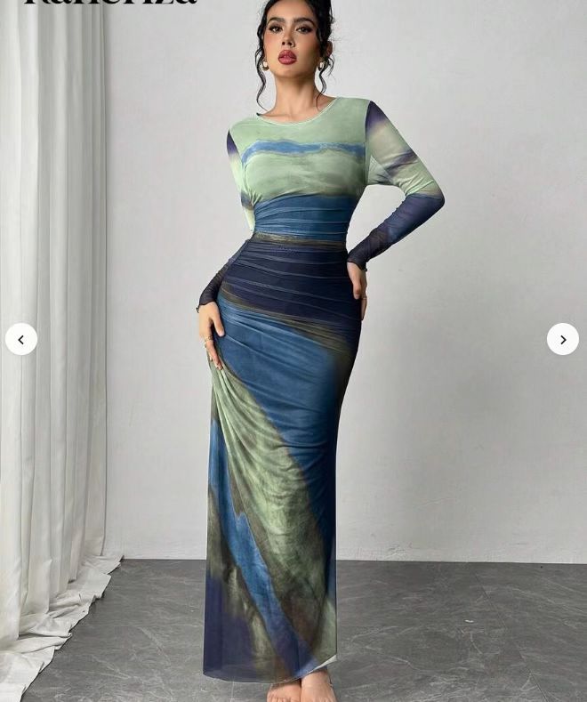 JULIA™ Cozy Printed Long-Sleeve Round-Neck Bodycon Maxi Dress