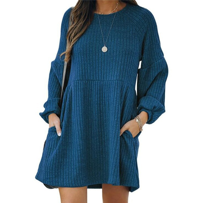 SAKA™ Cozy Ribbed Bishop-Sleeve Mini Dress with a Round Neck