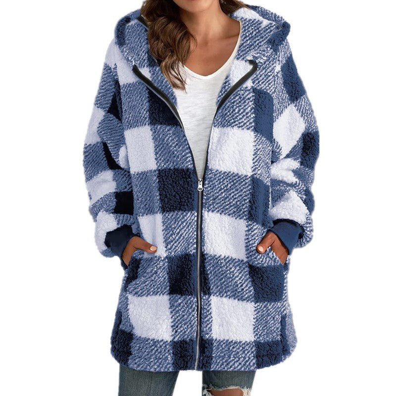 ARABELLA™ Plaid Fleece Hooded Coat — Cozy Long-Sleeve Warmth