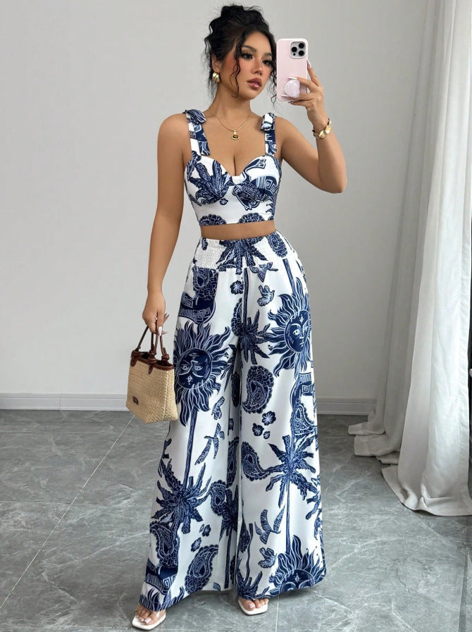 THAWDI™ Elegant Boho Printed Crop Top and Wide-Leg Pants Set