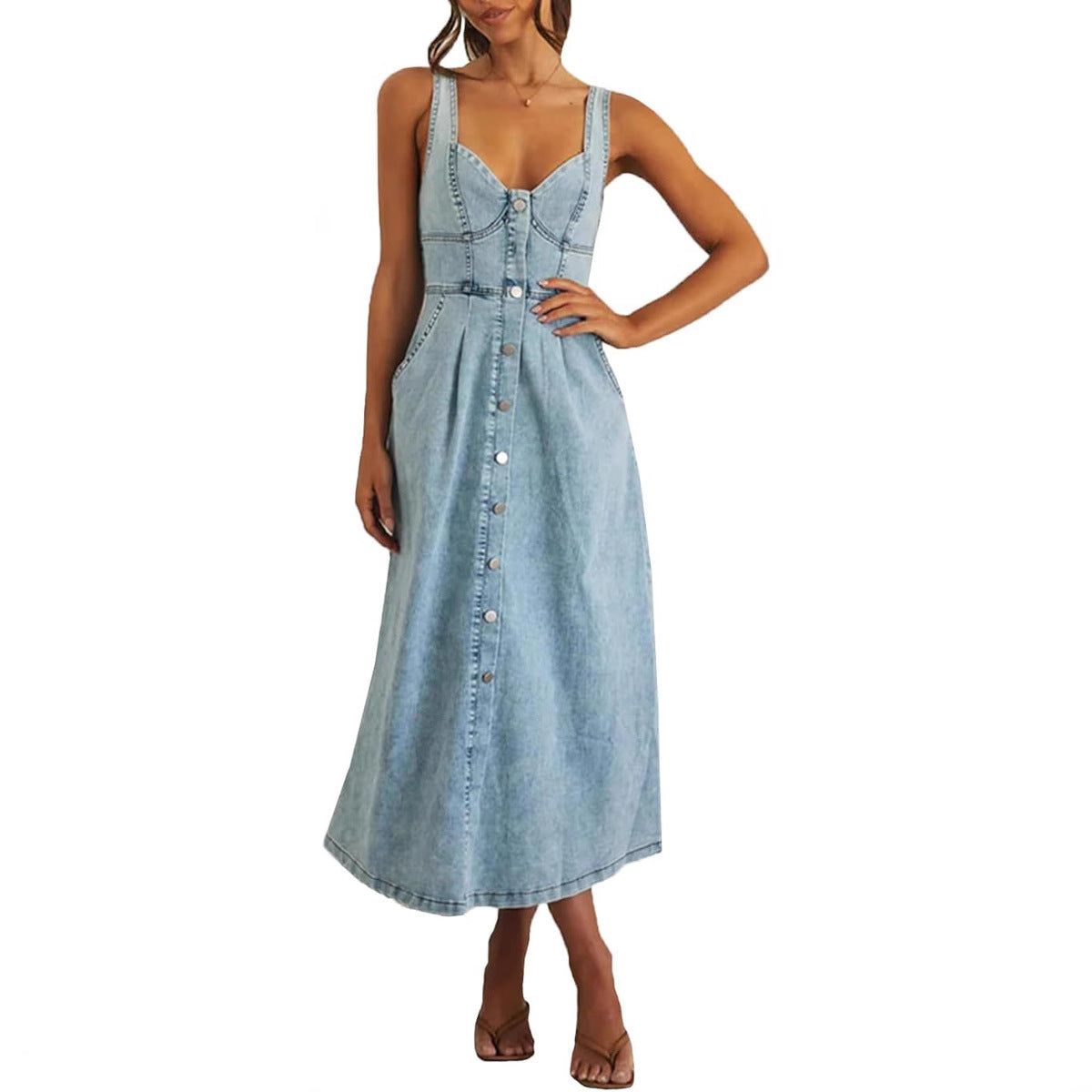 JAYLIN™ Timeless Sleeveless Denim Dress with Button-Front Closure