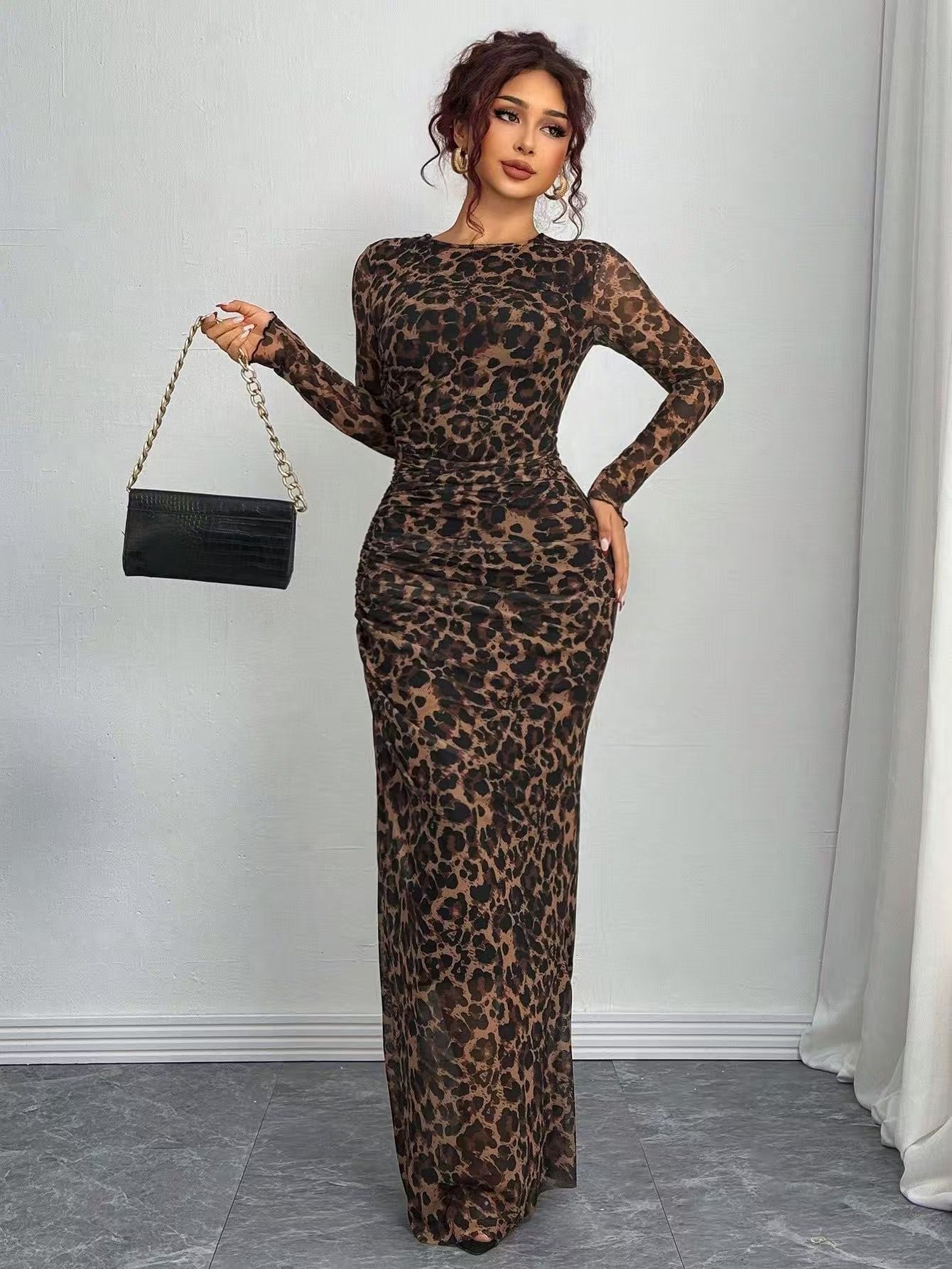JULIA™ Cozy Printed Long-Sleeve Round-Neck Bodycon Maxi Dress