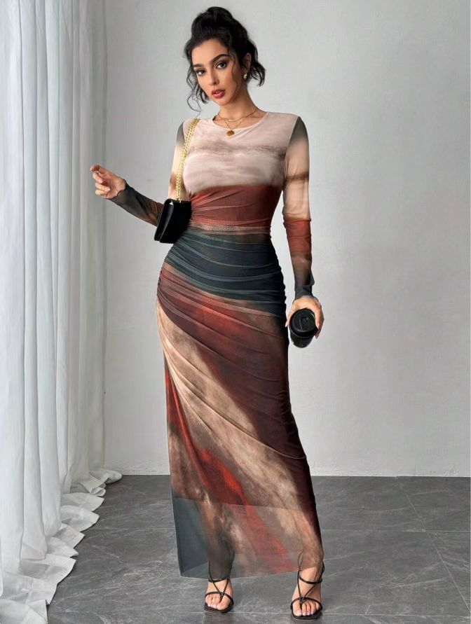 JULIA™ Cozy Printed Long-Sleeve Round-Neck Bodycon Maxi Dress